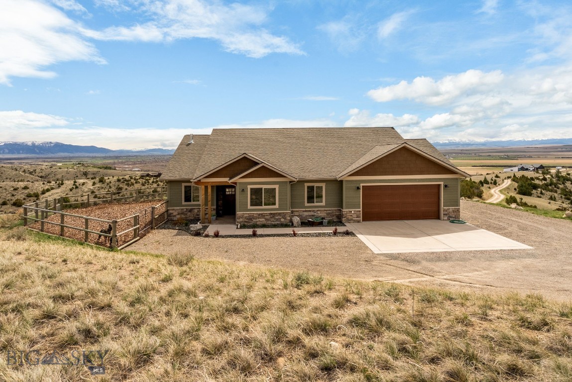 Rare opportunity to own a single level rancher on a premier lot in GRR, perched high
above the valley, with views of five mountain ranges, in all directions. Great floor plan
with open kitchen, dining and great room complete with vaulted ceilings and a propane
stove. Expansive kitchen with plenty of work surfaces, quartz countertops, and black
stainless GE Cafe series appliances. Incredible southern exposure and large windows
flood the interior with natural light, while bringing the outside in. Primary suite with
beautiful soaker tub and walk-in shower, dual sinks, and spacious closet with custom
storage. Located opposite the primary suite, are 2 additional bedrooms, a full bathroom,
as well as an office, or 4th bedroom. Oversized, insulated and finished 2 car garage
complete with EV charging station, and nearly 300 square feet of unfinished insulated
storage space above, that could allow for additional finished space. 10kW Solar array
allows for an essentially zero power bill every month! Low maintenance living, with
durable exterior materials, xeriscape landscaping, make this a near lock and leave
opportunity for you! Endless area amenities including an equestrian facility located
within the ranch, river access to the Gallatin and East Gallatin Rivers, and miles of trails
right out your door. 20 minutes from Bozeman Yellowstone International Airport, 30
minutes to Bozeman , an hour from Big Sky and two hours from Yellowstone National
Park, this property offers the conveniences of being close to town, yet in a rural setting.
Take in the night time stars, ever changing sunsets and sunrises, and vibrant northern
lights displays. Abundant wildlife frequent the property and the area including deer, elk,
birds of prey, and pheasant. The charming town of Manhattan is 10 minutes away,
complete with conveniences such as grocery store, restaurants, coffee shops, park, and
schools. High speed internet is available at the home as well! Close to incredible fly
fishing and skiing that Montana is renowned for, as well as golf, hiking, and endless
outdoor opportunities. Come and enjoy all Montana has to offer at your new base camp
at 100 Saddle Ridge!