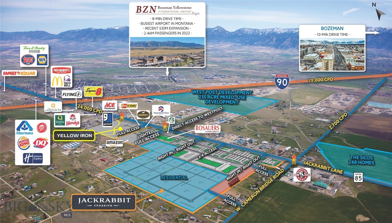 Jackrabbit Crossing is a 196-acre Grocery Anchored mixed-use project located in the City of Belgrade in the Gallatin Valley, Montana. A master planned mixed-use project that is a true live/work/shop community. The population of the Gallatin Valley is 124,850 with over 2.5% annual growth rate and a 40% increase since 2010. The Valley's housing has not been able to keep up with demand as 6,815 additional housing units are needed to accommodate the areas increase in jobs. 

Jackrabbit Crossings offers a regional draw with easy access right in the crosshairs of the Valley's growth. Jackrabbit Lane is one of the busiest roads in the State of Montana. The project will deliver a much-needed grocery store along with other amenities including restaurants, convenience services, and hotel. Infrastructure will begin early Q1 2023 with expected final plat Q2/Q3 2023. Listing Broker is owner/developer.

Grocery Anchored

3/4 Mile South of the Interstate

Primary Corridor between Yellowstone International Airport, Yellowstone National Park, and Big Sky Montana

Yellowstone sees over 3,000,000 visitors per year. Big Sky had over 700,000 skier visits in 2020.

Only 10 min from Bozeman

Located on three lighted intersections with a fourth at full build-out.

Over 2,500 residences approved within 1-mile.

3-miles from Bozeman Yellowstone International Airport  

Infrastructure will begin July 17th 2023 with expected final plat Q1 2024. Listing Broker is owner/developer.

Lot 1 is located on the corner of Frank Road and Jackrabbit Lane.  Floss Flats will offer full access to this lot along with connectivity to Jackrabbit Crossing Subdivision.