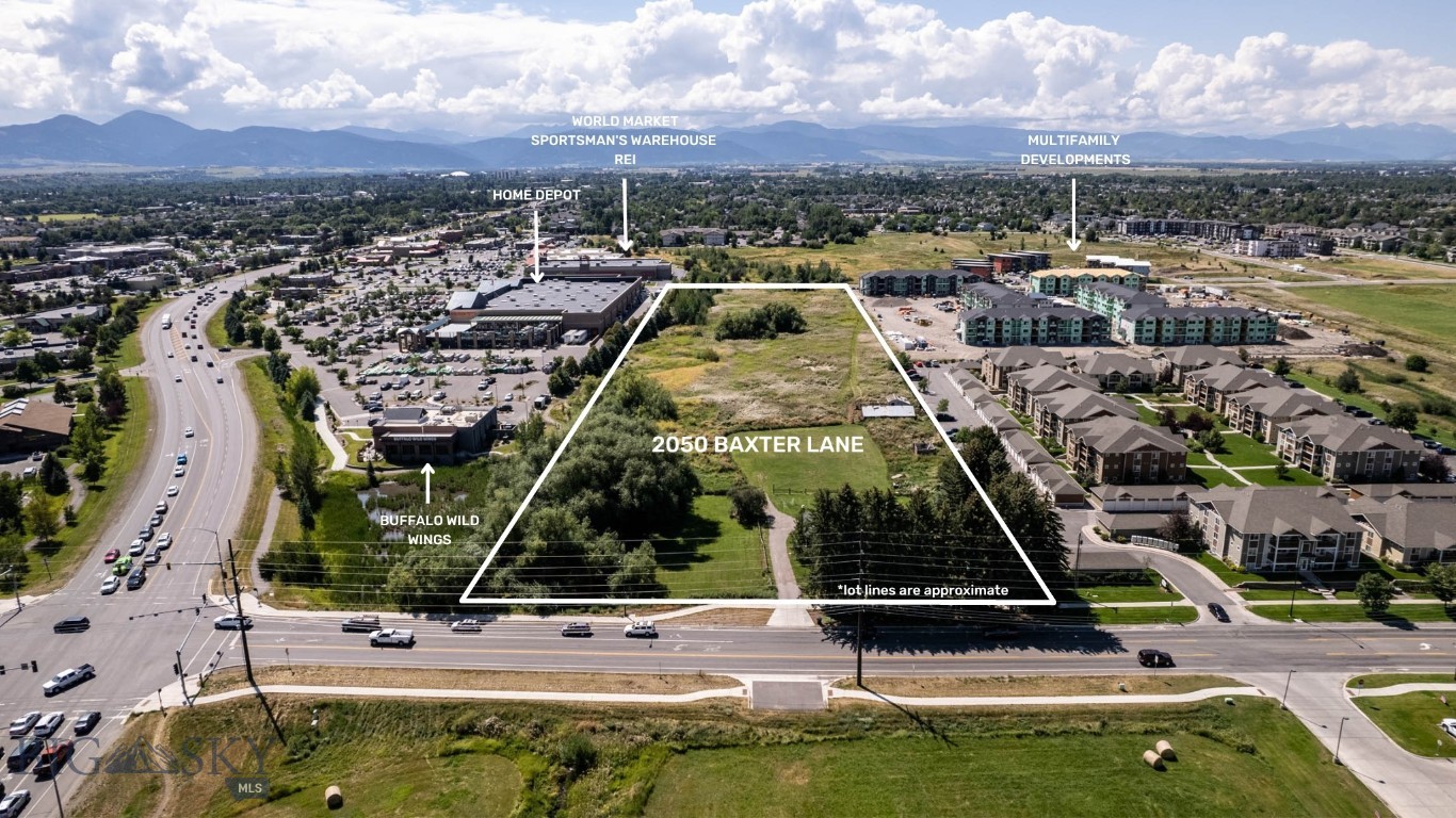 Fantastic development opportunity with multiple options available for zoning and use with annexation into the City of Bozeman. Adjacent to the N. 19th retail corridor and minor arterial on Baxter Lane, with rear access from Tschache, infrastructure supports development with visibility from N. 19th. Bordered by Home Depot, Buffalo Wild Wings, REI and Sportsman's Warehouse to the East and high-density multi-family development to the West, the parcel offers possibilities for high density residential, commercial frontage, and/or mixed use. Zoning around the site includes M-1, B2 and R4-5. The parcel includes a water way and is adjacent to a linear trail. A wetland delineation report will be provided upon request. With 2023 AADT traffic count of 7661 vehicles/day and easy access off of I-90, consider restaurant, retail, hotel, mixed use or high-density multifamily development.