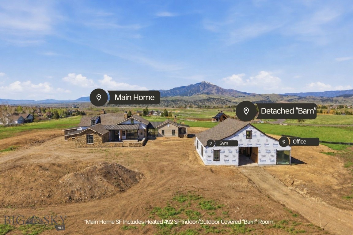 This stunning new Mountain Modern home is located in Bozeman’s sought-after Sandhill Subdivision, with estimated completion in Fall '26. Current construction stage: Siding & Drywall! Situated on 2.5 acres on the desirable south side, just 3 minutes to downtown Bozeman, the thoughtfully designed home will blend refined mountain architecture with contemporary comfort—and is available for purchase prior to completion. Featuring 3 spacious bedrooms with on-suite baths, a dedicated bunk room on upper level with bath, and a seamless indoor-outdoor layout, this home is perfectly positioned to take in sweeping views of the Bridger and Gallatin Mountain ranges. The design showcases organic accents with natural stone and wood siding —capturing the timeless spirit of Montana with a fresh, modern twist. The plan also includes a custom-designed pull-through barn, 490 SF of additional finished space, including a private office with 3/4 bathroom, kitchenette, spacious flex room (can be customized), and additional garage bays, creating a flexible space for work, storage, and recreation. Inside, expect cozy open-concept living, vaulted ceilings, dramatic fireplaces, and oversized windows that frame the landscape and flood the home with natural light. Located just 5 minutes from downtown Bozeman, yet nestled in the quiet hills of the country, this is an opportunity to own a brand-new home in one of the area’s most exclusive settings. Buyers who secure the property early enough may customize select finishes. Sandhill Subdivision has a beautiful community barn for residents with a putting green, park, sled hill and green space. It also prioritizes open spaces, dedicating over 40% of the development to wildlife, riparian habitat, and native plant species, and is adjacent to an extensive trail network linked to Gallatin Valley Land Trust trails.  Experience elevated mountain living—where thoughtful design, privacy, and organic beauty come together in the heart of southwest Montana.
