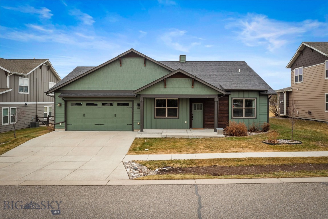 This exceptional Middle Creek Parklands home offers true single-level living at its finest. Backing to the expansive open space to provide wonderful morning sunrises and sweeping Bridger Mountain views. The spacious, open-concept floor plan features 4 bedrooms, 2.5 bathrooms, and 2,506 square feet of thoughtfully designed living space, complemented by a three-car tandem garage with epoxy floors and a 220-volt outlet. The upgraded kitchen showcases stainless steel appliances, a range and wall oven, quartz countertops, pantry, and beautiful wood flooring throughout the main living areas. Abundant natural light fills the home, enhancing both comfort and style. Recent improvements include a newly painted exterior (2024), new kitchen countertops, fresh interior paint in the living areas and trim, a new refrigerator and stove and new carpets in the primary bedroom. Nice extras include a water softener, air conditioning, and a matching storage shed provides convenient access from both the garage and backyard and extended patio for exterior intertwining or soaking in the  hot tub. Middle Creek Parklands is known for its generous park spaces, walking trails, and proximity to schools.
