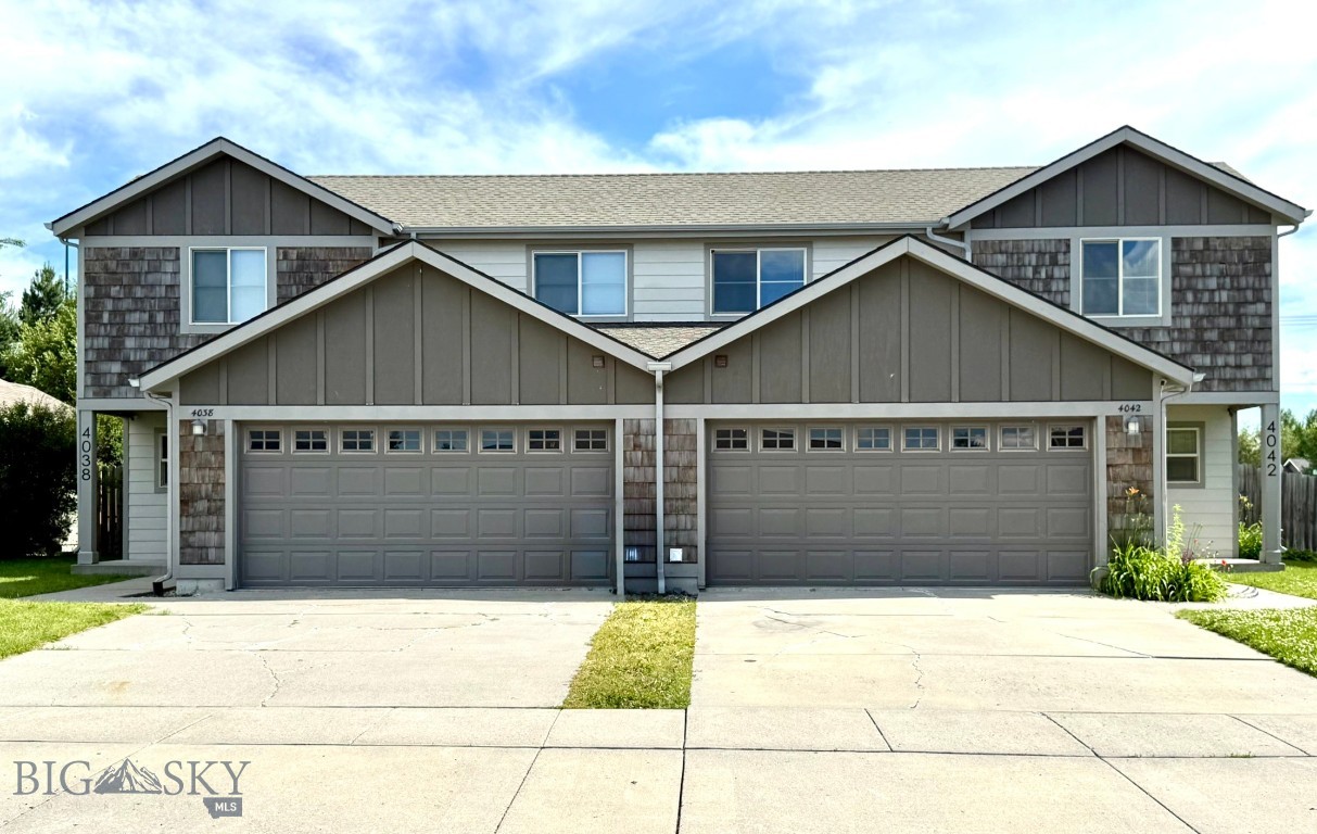 VERY NICE BOZEMAN DUPLEX, CENTRALLY LOCATED WITH NO HOA DUES.  Live in one side and rent out the other!  Spacious duplex with separately fenced back yards, underground sprinklers and double car garages.  Both 4038 and 4042 Carbon Street units features soaring ceilings, loads of natural light with two sets of sliding glass doors leading to the back yard.  A welcoming kitchen with pass through window/bar seating opens to the dining area. Both units offer a very generous sized main floor primary suite including large walk in closet and ample bathroom with dual sinks. 4038 Carbon is pretty much the mirrow image but features a walk in shower rather than a tub/shower in the primary suite.  Each unit features two additional bedrooms upstairs with a full bath. Roomy backyard allows for even more outdoor living space with patio areas for lawn furniture and barbeque grill. Easy proximity to MSU, downtown and airport. Sellers will consider selling 4038 Carbon fully furnished by separate Bill of Sale.
