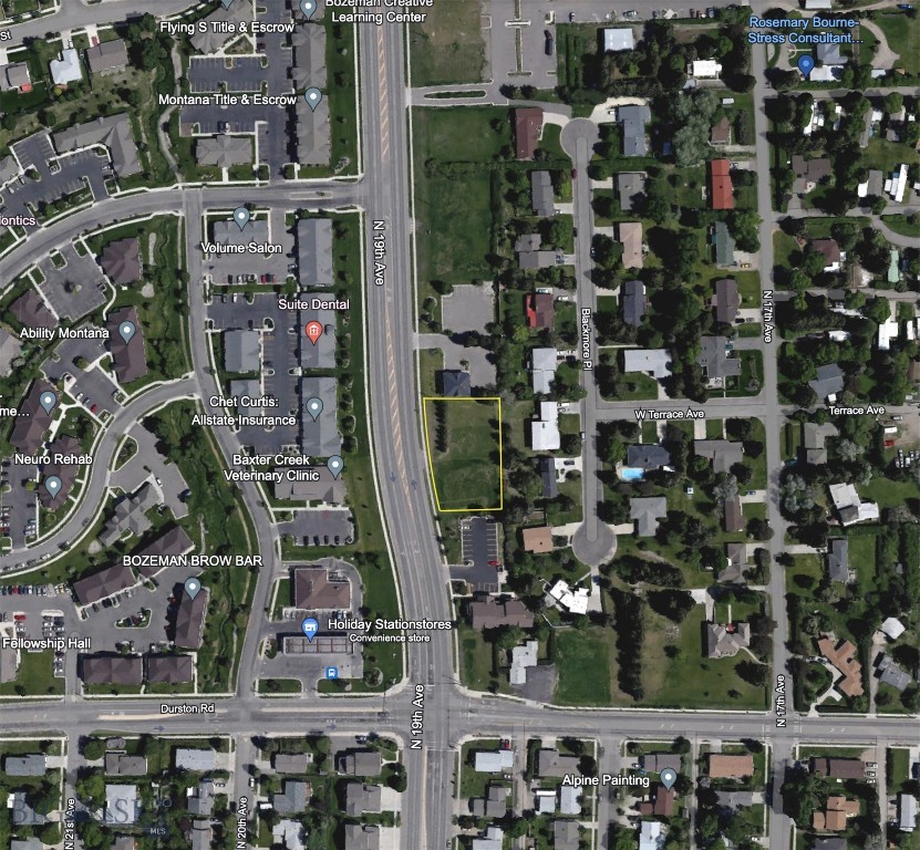 Prime commercial development opportunity along the highly trafficked North 19th Avenue corridor in Bozeman. Located on the east side of North 19th Avenue just north of Durston Road, this .574-acre site offers exceptional visibility and exposure, with average daily traffic counts of approximately 24,000 vehicles per day.

The property is now zoned B-1 (Neighborhood Business), allowing for a wide range of commercial and mixed-use opportunities including professional office, neighborhood-serving retail, service uses, and multifamily residential development. This zoning flexibility, combined with the site’s frontage, access, and surrounding uses, makes it one of the strongest infill locations along the North 19th corridor.

The site is fully served by city utilities and benefits from close proximity to Bozeman High School, public services, transit routes, and established residential neighborhoods. A conceptual 42-unit multifamily project has previously been designed for the property, demonstrating its development viability.

In addition, the site has prior history with the City of Bozeman as an affordable housing land donation location, offering potential bonus-density advantages for developers pursuing affordable or workforce housing strategies. Whether positioned for commercial development, mixed-use, or strategic land banking, this property represents a rare opportunity to secure a highly visible, flexible, and well-located site in one of Bozeman’s most active commercial corridors.