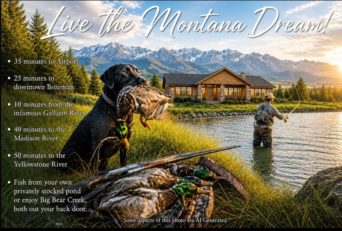 Few properties deliver on the promise of Montana living as completely as this one.

Set on 21.22 private acres just minutes from Bozeman and the Big Sky corridor, this custom Western-style home is the rare offering where the land is as compelling as the structure itself. Big Bear Creek runs the entire length of the north boundary — a natural wildlife corridor that draws elk, deer, bear, osprey, sandhill cranes, and bald eagles with remarkable regularity. The legendary Gateway Elk Herd frequents the lush pastures. A stocked trout pond sits steps from the back door.

Inside, the craftsmanship is immediately apparent — hand-honed woodwork, natural stone, tile, and hardwood floors throughout. The great room anchors the home with a gas fireplace and opens to a well-appointed kitchen and dining area where sunlight and views pour in from every direction. Four bedrooms, three baths, and a flexible downstairs bonus room round out the interior. A generous front porch and expansive back deck extend the living space outdoors. Evening sunsets, the sounds of Big Bear Creek and wildlife viewing offer moments of awe and endless entertainment.

Designed for both recreation and functionality, the property features three wells serving the home, irrigation, and livestock. The heated shop and oversized garage offer abundant space for vehicles, recreational equipment, boats, tractors, and outdoor gear. An upper-level loft provides flexible space for a studio, gear room, or additional storage.

Outdoor enthusiasts will appreciate being just minutes from National Forest access, offering year-round opportunities for hiking, hunting, fishing, snowmobiling, off-roading, and exploring Big Bear Lake. With no HOA restrictions, the possibilities are endless for creating your own Montana retreat, equestrian property, hobby farm, or legacy property.

Combining a peaceful setting with convenient access, the property is a short drive to Bozeman’s dining, shopping, entertainment, healthcare, and international airport. Additionally, world-class skiing at Big Sky Resort and renowned blue-ribbon trout waters are within easy reach.

2081 Little Bear Road is more than a home—it’s a rare opportunity to own a private Montana sanctuary where wildlife, recreation, and modern comfort come together in one extraordinary property.