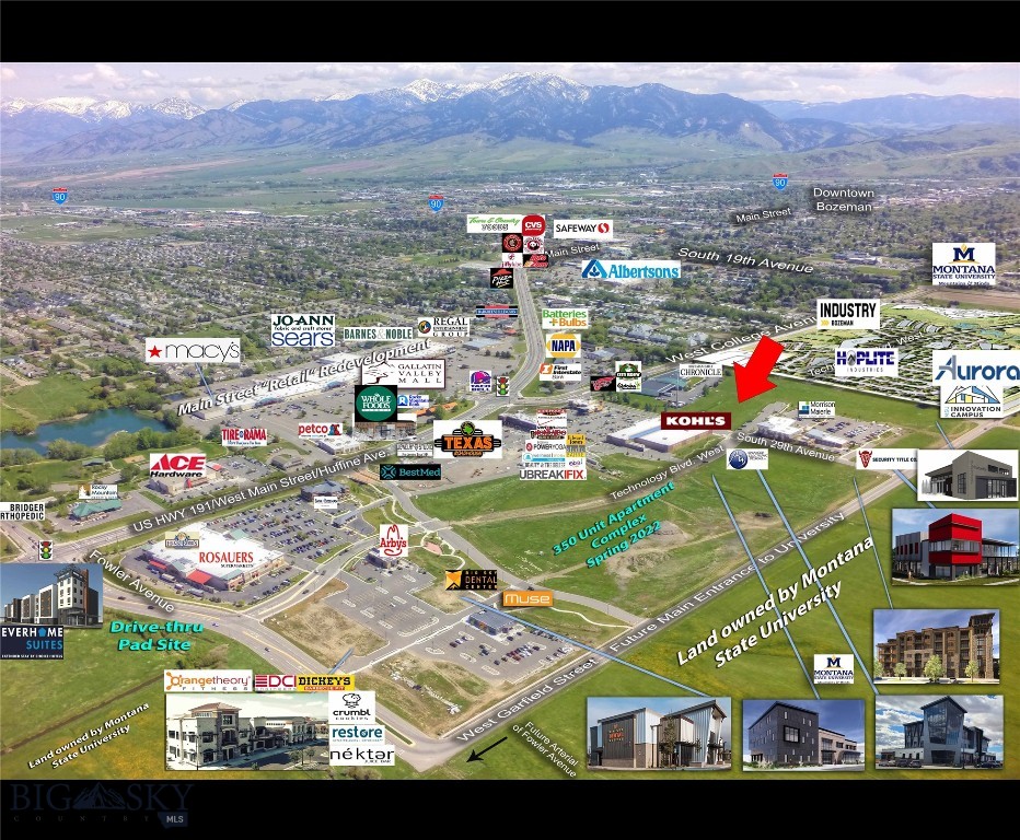 2.3-Acre Parcel in Bozeman's Thriving Development Hub
Located just south of Main Street and directly east of Kohl’s within The Bozeman Gateway Development, this 2.3-acre parcel is situated in an area experiencing significant growth and development. The property is surrounded by numerous retail businesses, a new hotel, a prominent grocery anchor, and is adjacent to MSU's Innovation Campus Development.

Offering flexible zoning within a Planned Unit Development (PUD), this parcel allows for expanded uses beyond the typical B2 zoning designation. All city services are readily available, and off-site improvements can be negotiated to suit specific needs.

This prime location is ideal for a variety of uses including hotels, restaurants, retail establishments, office spaces, fitness centers, technology ventures, and medical facilities. The maximum building size across all four parcels is 43,000 square feet for traditional office use. Different uses may impact parking availability or alter the maximum building size, and lots can be subdivided for smaller end-users.

Property is situated within an Opportunity Zone, providing potential tax benefits. The ground lease rate will vary based on the intended use. Photos showcase other available ground lease and build-to-suit pad sites and parcels highlighted in green shading.

Explore the exceptional opportunities offered by this strategic location in the heart of Bozeman's dynamic development landscape.