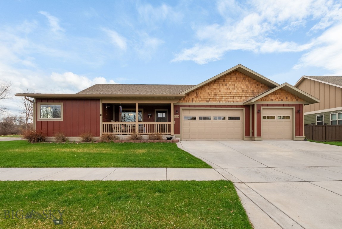 Welcome HOME to this single-level, custom, quality-built, 3-bedroom, 2-bath, 4-car heated garage home in Bozeman's desirable, and incredibly conveniently located Loyal Garden Subdivision. Ideally located on a corner lot, directly across the street from the subdivision's 6.5+ acre park providing open space, pond and Riparian area, this home boasts wide-open Bridger Mountain Range and park views with a thoughtfully laid out open-concept, single-level floor plan, slate appliances, pantry, a cozy gas fireplace, a main level bonus room ideal for a separate home office, den, play space, storage, or whatever one might desire. The home's covered front porch simply invites you into a beautifully appointed light & bright interior. Loved & meticulously-maintained, the home additionally provides a spacious primary bedroom suite with double vanity, zero threshold shower entry, large walk-in closet, 2 guest bedrooms, full guest bath, vaulted ceiling in the main living area, and coveted, approximately 1,000 square foot, heated 4-car garage providing ample work space, parking, and room for all of your outdoor recreational “toys” and gear. With covered front porch, private back patio and yard space, other notable features of this custom-built home include an air exchange system, hot water recirculating pump for immediate hot water, under-floor radiant heat, French drain irrigation system, spray foam under fiberglass batt insulation, a separate laundry room, and great storage. The fully-fenced backyard offers private outdoor living space with a nicely sized concrete, covered patio for grilling & and enjoying peaceful evenings at home. Ideally layed out for the practical function of daily living, this wonderfully designed, well-maintained and quality-built home does not disappoint. Don’t miss this opportunity!