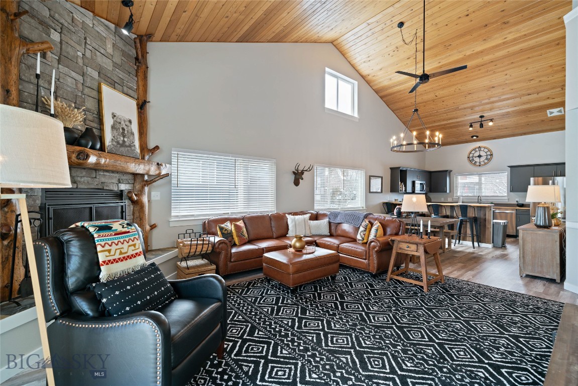 Set in the heart of Big Sky’s Town Center, this fully reimagined Firelight Meadows Chalet blends modern updates with Montana mountain character.
Vaulted wood ceilings and a statement stone fireplace create a warm, elevated living space, while thoughtful renovations throughout—new flooring, lighting, appliances, and finishes—bring a clean, cohesive feel to the home. The open-concept design flows effortlessly from kitchen to dining to living, designed for gathering after long days on the mountain.
With three bedrooms, including a well-appointed bunk room, the layout comfortably accommodates both owners and guests—making it equally suited as a private retreat or high-performing rental.
Offered fully furnished and turnkey, the home extends outdoors with a new saltwater hot tub, creating a true year-round Big Sky experience.
Moments from dining, shopping, and trail access, this is in-town living at its most effortless.