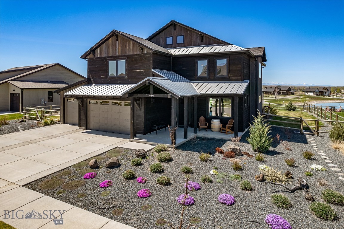 Expansive modern farmhouse on the park at White Horse Ranch. Large landscaped .3 Acre lot blending seamlessly with the 5-acre open space and community pond through the backyard gate. Located in a family-friendly neighborhood adjacent to Black Bull golf community, positioned to explore the 360-degree views of the mountains surrounding the Gallatin Valley. Enjoy a perfect balance of quiet, peaceful living with quick access to Bozeman’s best amenities. This 2022 Sunrise Homes build features a 2946 SF functional open floor plan with large windows, high-end finishes, and unique lighting throughout. Features 1 bedroom, 2 baths on the main level, and a private master suite plus 2 bedrooms and 2 baths on the second level. A bright kitchen layout with abundant counter space surrounded by functional cabinetry and soft-close drawers. Modern LG appliances, a walk-in pantry, breakfast center island, and dining area flow into the living area that is showcased by the relaxing stone tiled gas fireplace – ideal family living and entertaining. Main level guest room/office space has a large walk-in closet and full ensuite bath. Garage entry drop zone with a convenient half bath. Upstairs features an expansive 15’11” x 18’5” master suite with a large private ensuite, tiled walk-in shower, double sinks, and a large walk-in closet. Upper-level layout is thoughtfully designed with 2 additional large bedrooms, a full bath, a separate laundry room. Bonus/family room loft area with big Bridger Mountain views. Large windows in each room capture the views of the surrounding mountains. West facing .3 acre lot takes in the Tobacco Root Range over the pond. Relax and enjoy the views under the large, covered patio and pergola shade. Get outside to enjoy your own fire pit area and hot tub. The colorful landscaping connects one to nature with wildflower beds, native trees, and wild shrubs – all supplied with drip irrigation from the community pond.  The sprinkler-irrigated backyard is well fenced to allow the kids and pets to play all day.  White Horse Ranch provides over 16 acres of open space with paved walking trails, playground, picnic pavilions, and pickleball court.  Plenty of storage for your recreational equipment in the attached, heated 3-car garage. Upgrades include solar power system, water softener, kitchen reverse osmosis & central cooling system. All window coverings, smart LG appliances, and smart GE Washer and Dryer convey. Monforton K-8 & Gallatin High Districts.
