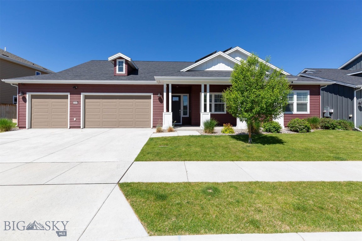 Charming single-level 4-bed 3-bath home built for entertaining in Prescott Ranch. This 2,679 sq. ft. home lives large with an oversized living room and an 833 sq. ft. 3-car heated and cooled garage outfitted with a gathering area. The open kitchen, living room, and dining area is packed with windows providing ample natural light. Step out back to your fully fenced yard and have a seat under the large covered patio or take a dip in the included hot tub. The primary suite includes a custom accent wall, large walk-in closet, dual vanities and glass-enclosed shower. 3 other bedrooms offer plenty of space for all. Owner upgrades go well beyond the standard build and are included in the sale: hot tub, 11.34 KW solar power system, Ring security cameras, three TVs, garage A/C, 2 refrigerators, washer & dryer, interior wall sound insulation, can lights throughout, and ceiling fans.  Located on a quiet cul-de-sac street, this home is just one block from one of the best parks and playgrounds in all of Belgrade. In addition, the Owners are offering a $20,000 credit that may be applied toward closing costs, interest rate buy-downs, flooring selections and/or cosmetic updates.
