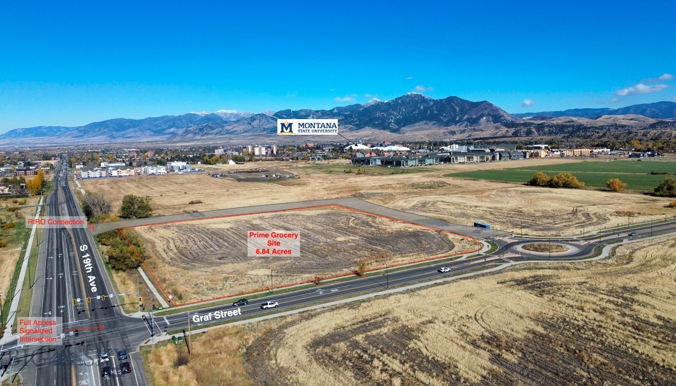 Prime Commercial Development Opportunity at South Range Crossing – 19th & Graf, Bozeman Unlock the potential of South Bozeman with this exceptional commercial land offering at the high-traffic intersection of 19th Avenue and Graf Street. Strategically located along the bustling 19th Street corridor, this signalized corner site boasts direct access and excellent visibility—ideal for high-exposure businesses. Delivered development-ready, this parcel allows for immediate construction, streamlining your project timeline. The flexible B-2M zoning supports a wide range of commercial uses, making it a prime location for a grocery store, retail center, or mixed-use development. Surrounded by one of Bozeman’s fastest-growing residential areas and just minutes from Montana State University, this site offers strong consumer demand, dense traffic patterns, and a central location within the rapidly growing demand in South Bozeman. Don’t miss this rare opportunity to secure a shovel ready site in one of Bozeman’s most desirable and dynamic growth corridors.