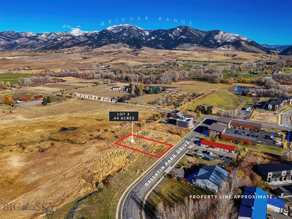 Lot 3 in the Gallatin Park neighborhood is one of three adjoining lots available. Situated on the north end of the development, these lots have unobstructed Bridger Views. The development includes a wide variety of buildings, including live/work condos, commercial warehouses and businesses of all kinds. These lots are zoned M-1 for light manufacturing, offering a blank canvas for a variety of development possibilities to meet your needs. The area has beautiful views, is positioned for growth, easily accessible, and provides the ideal foundation for your next commercial project. Just across Manley Road is the Glen Lake Rotary Park with large lake and walking trails and MAP Brewing is just down the street. Plans for a live/work condo building encompassing all three lots is available upon request.