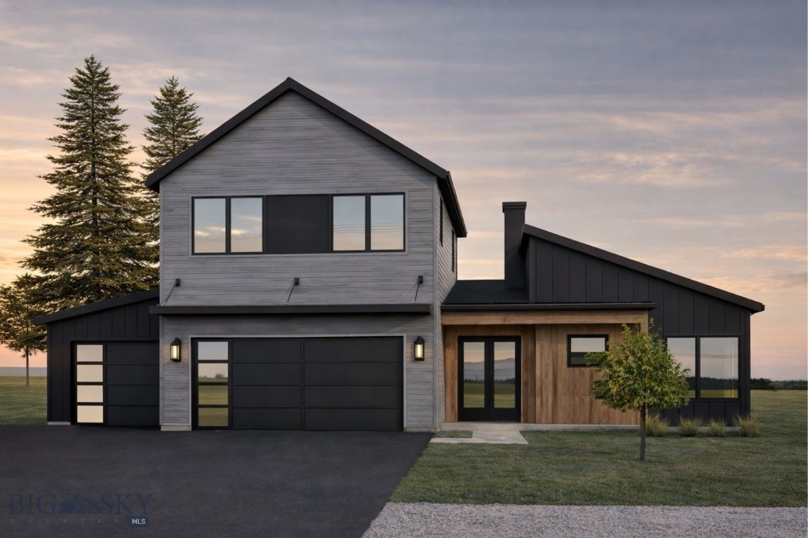 This striking new construction home in Creekside showcases a distinctive mountain contemporary exterior, blending crisp architectural lines, warm mixed materials, and a uniquely custom street presence. A covered front porch welcomes you into a thoughtfully designed interior where the living room feels beautifully defined from the dining area and kitchen, creating a layout that is both functional and elevated. The beautifully appointed kitchen features gorgeous quartz surfaces, a tile backsplash, under-cabinet lighting, high-end appliances, and a walk-in pantry, creating a space that is as functional as it is refined. Just off the oversized three-car garage, the spacious laundry and mudroom offers built-in bench seating, hooks, and exceptional storage. The living room is anchored by a dramatic floor-to-ceiling fireplace and opens to a lovely covered back patio overlooking the fully landscaped and fenced yard. Tucked privately on the main level, the primary suite offers a true retreat with a large walk-in closet, dual vanities, a freestanding soaking tub, and an expansive walk-in tile shower with multiple shower heads. A second main-level ensuite bedroom with a beautifully tiled floor-to-ceiling shower provides ideal flexibility for guests, a sophisticated office, or multigenerational living. Upstairs, a generous flex room creates the perfect bonus space for a media room, lounge, or play area, alongside two additional bedrooms and a full bath. Complete with central A/C, stunning Creekside views, and easy proximity to Bozeman, this home delivers the perfect balance of elevated design, quiet luxury, and everyday Montana living.