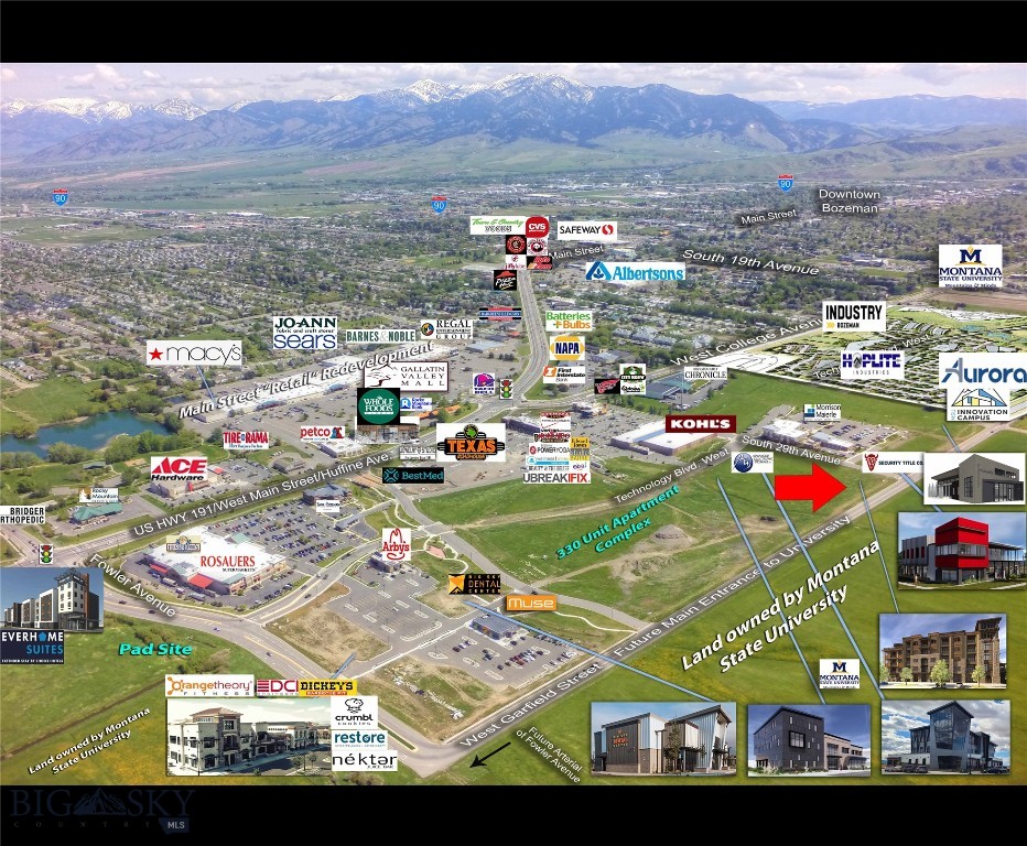 This expansive 3-acre parcel is situated just south of Main Street, boasting frontage on Garfield Street and positioned south of Kohl’s with a shared parking lot alongside AED's building within The Bozeman Gateway Development. The area is undergoing rapid growth and is surrounded by numerous retail businesses, a prominent grocery anchor, a new hotel, and is adjacent to MSU's Innovation Campus Development.

The parcel offers flexible zoning within a Planned Unit Development (PUD), allowing for expanded uses beyond the typical B2 zoning, including office and residential possibilities. All city services are accessible, and off-site improvements are open for negotiation.

This location is ideal for various purposes such as medical facilities, hotels, restaurants, retail outlets, office spaces, fitness centers, and technology businesses. A previous concept design envisioned a 5-story building with two floors of commercial space (17,000 square foot footprint) and three floors of residential condos/apartments above, complete with a rooftop deck and an adjacent three-level parking structure.

Moreover, this property is situated within an Opportunity Zone, offering potential tax advantages. The ground lease rate will vary based on the intended use. Photos showcase other available ground lease and build-to-suit pad sites and parcels highlighted in green shading.

Discover the limitless possibilities offered by this strategic and dynamic location in the heart of Bozeman's thriving development landscape.