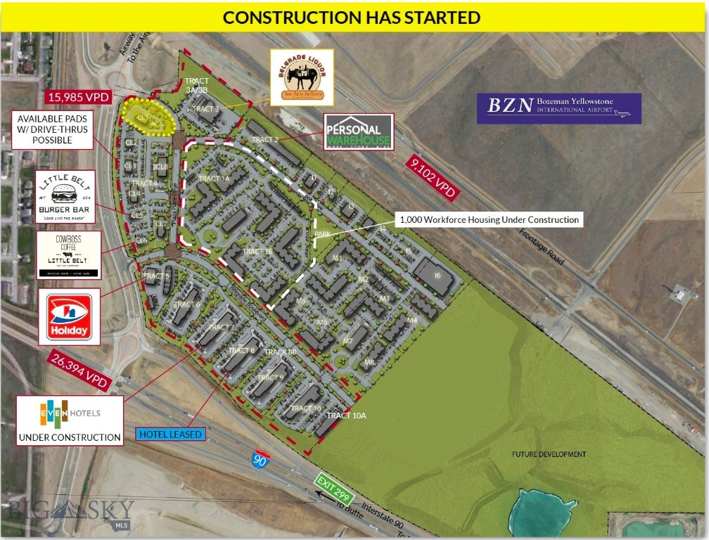Prime highway exposure at the NEW Interstate 90 exit ramp, excellent access via roundabout, directly opposite Bozeman Yellowstone International Airport. This is a unique opportunity at Yellowstone Airport Plaza in Belgrade, MT, offering pad sites, gas stations, hotel locations, retail spaces, and distribution sites in a 50+ acre mixed-use development. Positioned as the gateway to Yellowstone National Park, Big Sky, and Bridger Ski Areas. Take advantage of the imminent airport expansion and the upcoming summer delivery of 1,000 workforce housing beds. A strategic location for a variety of business ventures. Water, Sewer, & Electrical infrastructure is included.