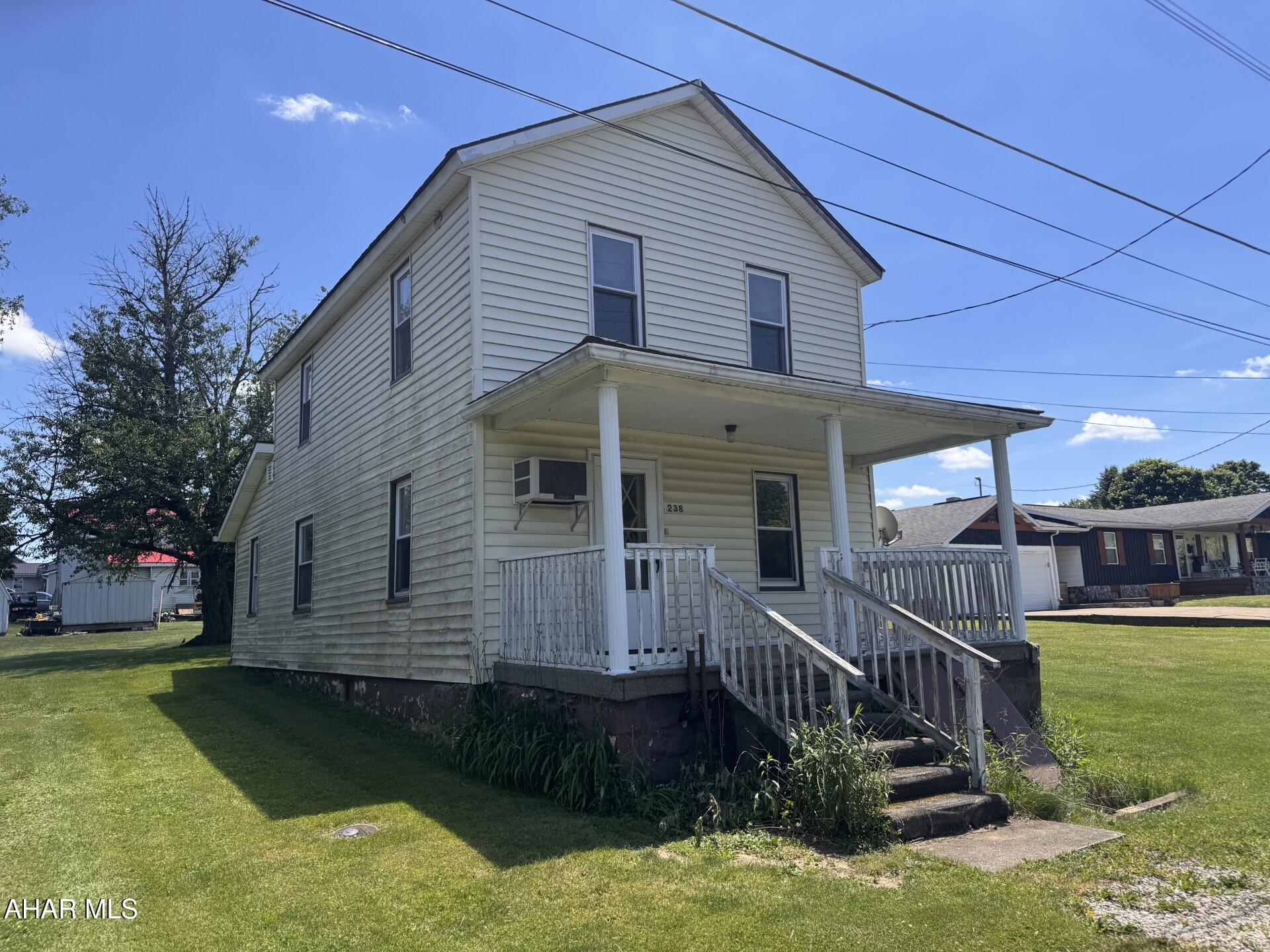 Great potential for this two story 3 BR home on level lot.  Remodeled kitchen.  Oil, forced air heat.  foundation needs repaired.  Would make a great investment property.