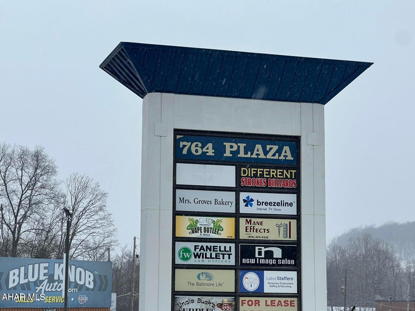 1,200 square feet of commercial space in the 764 Plaza. Located across from UPS and Blue Knob Auto. Contact listing agent for more information.