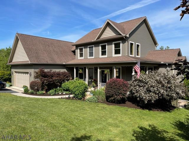 Check out this spacious 2-story home with a private back yard and access to Historic Bedford! Enjoy your coffee while sitting on the beautiful wrap around porch! Seller has a passion for landscaping! When you come through the welcoming door, you will be invited into the 19' foyer ceiling and windows letting natural light in. Built in 2007, 3000 sq' of living space offering 4 BR, 2.5 baths. Downstairs has oak HW flooring, & tile in the baths. The LR offers a gas FP with views overlooking the mountains.  This exquisite prop has a 2 car garage. Retreat to the back of the house & enjoy the quiet surroundings while sitting at the fire pit. All blinds were custom made. Home has 9' ceilings & recessed lighting. Don't miss out on this captivating home. Schedule your tour today!