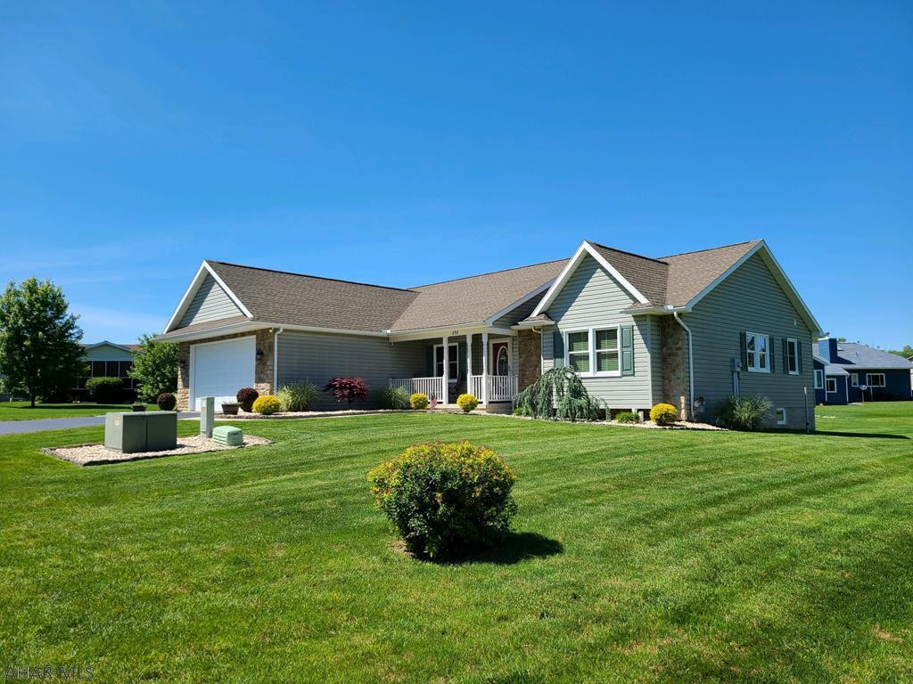Mint condition. Vinyl sided Ranch home with many special features. Steel Entry door to  Walk into the Great Room with Cherry-stained cathedral ceilings, gas fireplace, the kitchen has Antique White cabinets with granite counter-tops and glass tile backsplash, recessed lighting throughout the home., Italian ceramic tile floor in Kitchen, Bathrooms and laundry room.  Bathrooms have cherry cabinetry. Appliances included; Stove, refrig, Dishwasher and garbage disposal. Insulated 2 car garage with new electric garage door opener..  The basement is a 12 course high full unfinished basement with 1746 sq ft., rough-in plumbing for bathroom and kitchen if you want to finish it. Steel beam, gas heat, central air, furnace humidifier, radon mitigation system. Roof 8 yr old. Trip.le pane windows