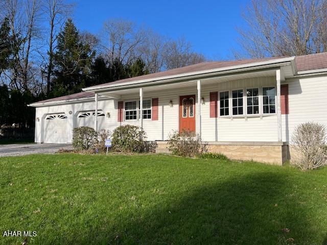 Take a look at this great one story home on 1.5 acres in the Juniata Gap area!  Three bedrooms, two bathrooms on the main floor, efficient kitchen with eat-in area, formal dining room, bright and cheery living room and laundry closet.  Additional sitting room could be office, playroom or family room.   The walkout basement has a partially finished and carpeted area with wood burner, 3/4 bath, linen closet and utility rooms.   A covered deck at rear of the home faces a large yard surrounded by trees and foliage for privacy.   Both the furnace and hot water heater were replaced in 2021.   A two car garage is attached.