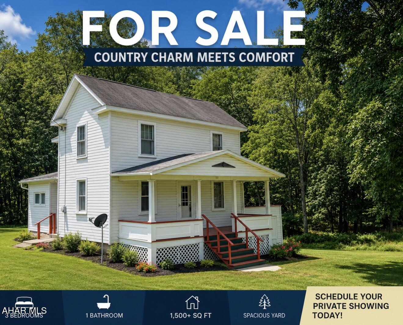Escape to the peace and quiet of country living with this inviting two-story home nestled on a spacious lot surrounded by mature trees and scenic views. Offering timeless character and plenty of room to spread out, this home features multiple spacious bedrooms, a large eat-in kitchen with abundant cabinetry, a comfortable living room filled with natural light, and generously sized bedrooms with classic charm. Property being sold with 2 lots equaling a little over 2-acres.

Relax on the covered front porch and enjoy the tranquil surroundings, or take advantage of the expansive yard--perfect for gardening, entertaining, or simply enjoying the outdoors. The home also includes a full basement with ample storage and mechanical space, along with an attached storage area for lawn equipment and tools.

Whether you're looking for a full-time residence, a weekend retreat, or a property with room to make your own updates over time, this home offers endless potential in a peaceful country location.