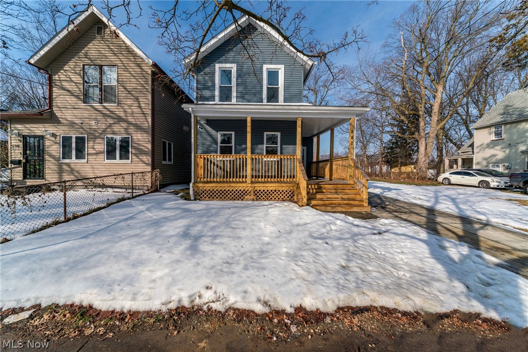 Don’t miss this beautifully renovated 4-bedroom home by the Cuyahoga Land Bank! Thoughtfully updated from top to bottom, this home features a new roof and gutters, updated electrical, brand-new HVAC, new windows, a new driveway, a new two-car garage, and stylish modern fixtures and finishes throughout. Step onto the inviting covered front porch and into a spacious foyer and living room. The living area flows seamlessly into the dining room, with convenient access to the second floor, and into the fully updated kitchen featuring new cabinetry, granite countertops, and stainless steel appliances. The first floor offers exceptional flexibility with an easily accessible bedroom, convenient first-floor laundry, and a half bath—ideal for one-floor living. Upstairs, you’ll find three additional bedrooms and a full bathroom, providing plenty of space for family, guests, or a home office. Outside, enjoy a spacious yard, a brand-new concrete driveway, and a new two-car garage. A one-year America’s Preferred Home Warranty is included for added peace of mind. Schedule your showing today!