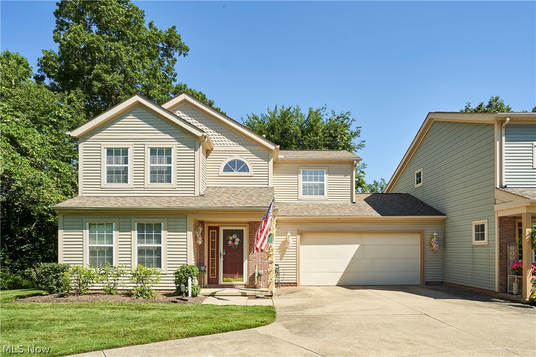 Rare 2BR 2.5BA end-unit townhouse cluster-home tucked away at the end of a quiet cul-de-sac in the private community of Huntsford Farms! The 1st floor features a spacious living room with four windows and custom ventless gas fireplace, eat-in kitchen w/ newer flooring, dining room w/ slider to upgraded private rear deck facing nothing but nature, handy half bath, and convenient laundry room! Upstairs you will find the master bedroom w/ en suite full bath, vaulted ceiling & plenty of closet space, add’l bedroom and guest full bath. In addition, the unique extra long personal concrete drive adds plenty of private parking, and the home features a 2 car attached garage. The development provides a low-maintenance lifestyle and opportunity to enjoy the in-ground pool, tennis courts, exercise room, and clubhouse. Approved for both FHA and VA loans, this property is conveniently located just a 5-min drive to I-271, Rt 8, I-480 as well as Macedonia shopping and dining! AC '24, hot h20 '23, furnace '24.