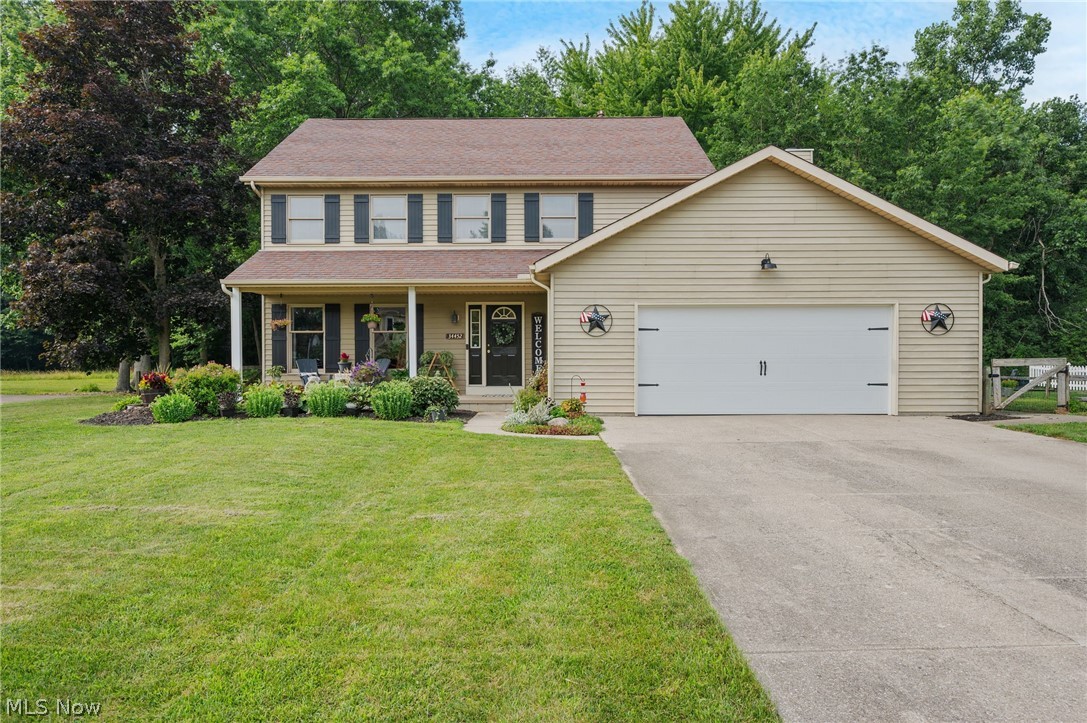 A great opportunity to enjoy the best of both worlds with over 1.03 acres in an established Avon neighborhood, Meadow Acres, with no HOA. Tucked away on a quiet cul-de-sac street, this well-maintained Colonial includes a welcoming full front porch, a screened-in back porch overlooking the park-like backyard providing the simple enjoyment of the peaceful surroundings. Inside, the home features 4 bedrooms and 2.5 baths, an eat-in kitchen with center island, and dinette with access to the screened porch. The kitchen flows into the vaulted family room with a brick fireplace and built-ins, while formal living and dining rooms provide additional gathering spaces. The first floor mudroom includes a water line for a washer hookup, and the attached oversized two-car garage offers plenty of storage. The primary suite features a walk-in closet and an en-suite bath with a soaking tub and separate walk-in shower. The full  basement adds flexible space and includes a convenient dog wash station, with endless potential for a recreation room, home gym, workshop, or additional storage. Major UPDATES INCLUDE the roof (2015), furnace and A/C (2022), water heater (2021), sump pump (2025), refrigerator (2017), dishwasher (2026), microwave (2025), dryer (2015), gutter guards (2023), remodeled upstairs guest bath (2025), remodeled half bath (2026), new living room, dining room, and upstairs carpet (2026), and new shutters and garage door. (2026). All kitchen appliances, washer, dryer, TV mount, and all window treatments are included. Conveniently located near I-90, I-480, schools, shopping, restaurants, parks, and local amenities.