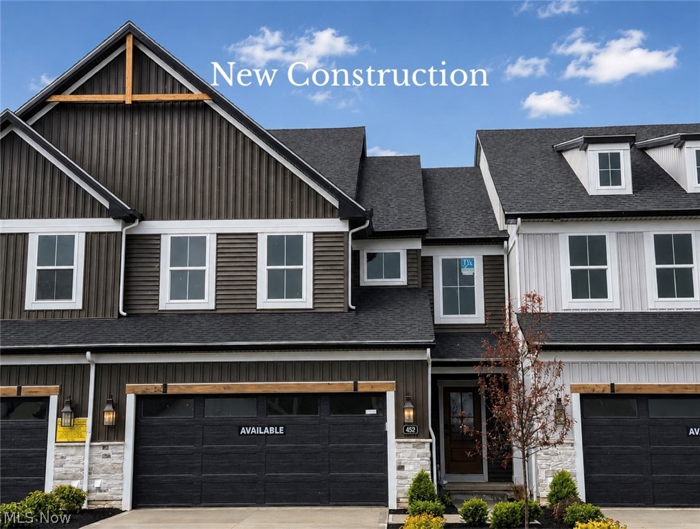 Beautiful 2-story townhome ready for move-in! This brand new plan welcomes you with a dedicated 2-story foyer, luxury vinyl plank flooring throughout the first floor, and 9' ceilings throughout. The kitchen features a 7.5' quartz island, walk-in pantry, upgraded appliances with range hood, and ceiling-height soft-close full-overlay cabinetry with hardware. The dining area opens onto an expanded 10 x 17' patio, making indoor-outdoor entertaining a breeze. Open to the great room, owners will enjoy the view of the cozy fireplace. A spacious powder room with vanity cabinet and laundry room, complete with utility sink, wrap up the first floor. Wrought iron spindle railing leads to the 2nd floor, where you'll find the oversized primary suite with spacious sitting area, tray ceiling, and ensuite bath that boasts an 11.5' walk-in closet, tile shower, separate linen closet, dual quartz vanities, and private water closet. Two additional bedrooms, each with walk-in closets, and a full bath, complete the 2nd story. The full basement with 9' ceilings and rough-in plumbing is perfect for storage or future finishing, and the 2-car attached garage provides for easy coming and going. Low-maintenance living means snow removal and lawn care are done for you, adding valuable time back to busy schedules. Protected conservation area, sidewalks and street lamps, and a community pond with fountain add to the appeal of this thoughtfully designed neighborhood. Ideally situated just 25 minutes from downtown Cleveland and Akron, minutes from the Metroparks, Blossom Music Center, golf courses, the new Valor Acres, and directly across from beautiful Michael Angelo's Winery, this prime location is ideal for those who enjoy a recreational lifestyle. Photos are of actual home.