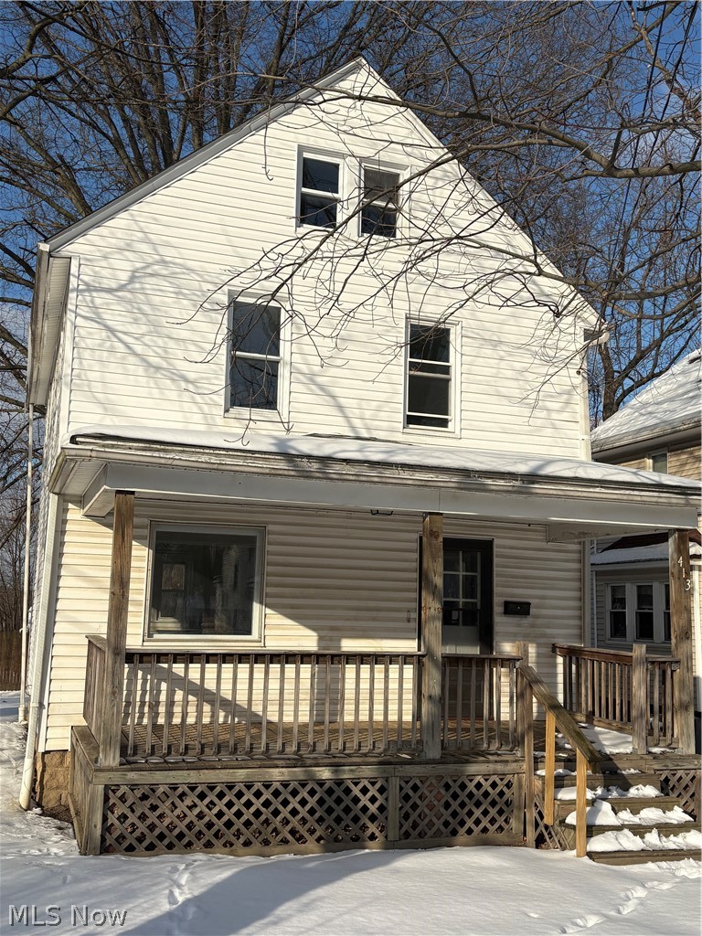 Charming South Akron two-story on a spacious corner lot featuring 3 bedrooms, 1 full bath, and a bonus finished attic space for storage or flexible use. Enjoy the covered front porch, welcoming living room with decorative fireplace, and dining room with built-in storage. The kitchen includes a stove and refrigerator and connects to the rear of the home with off-street parking and a driveway off Wilbur Ave. A partially fenced yard offers added privacy. Upstairs are three bedrooms and a full bath. Basement with washer/dryer hookups.