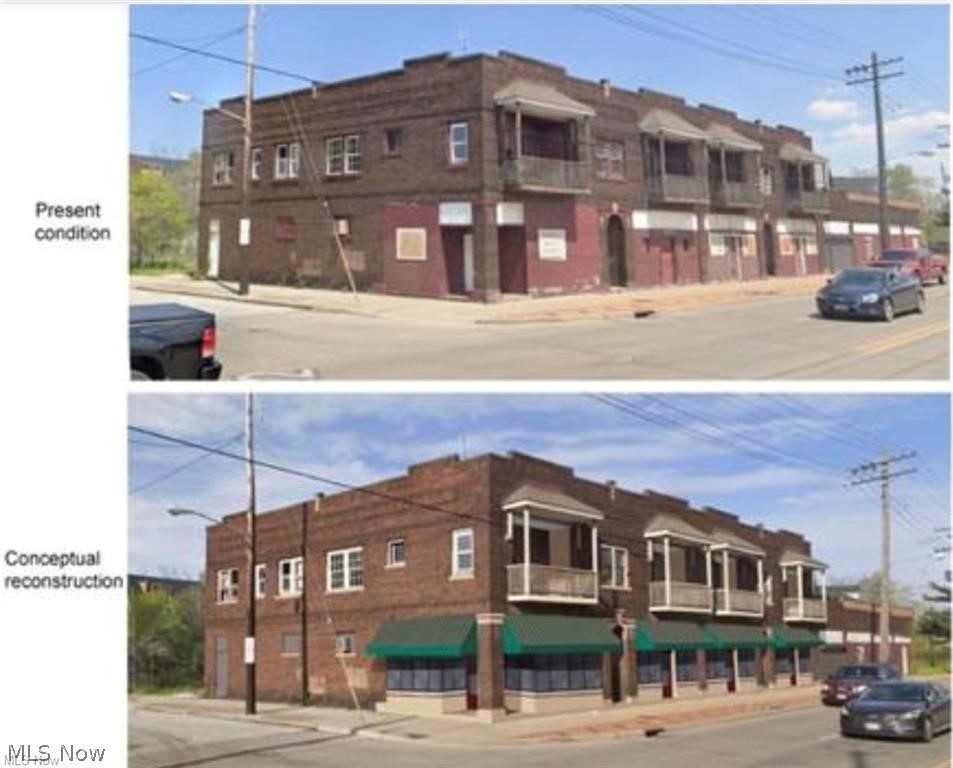 Amazing Commercial Building on Kinsman! LOCATION! Don't miss this amazing opportunity to renovate and own this 20,000+ square foot building with 6 store fronts + 5 (all 2 Bedroom/1 Bath) apartment units with balconies! Finish this off with your own renovations that have already been started by the current owner! Framing has been completed in each storefront, 67 city violations remedied to make Compliant! - along with some electrical, ductwork and plumbing that has been started! Some New windows have also been installed or on property for future installation! Work has been done to rebuild upper balconies/overhangs! Some upper rebuilds done to gable roof sections AND newer flat roof! The two far right storefronts have had drywall put up and electrical completed, along with some masonry + flat work that has been started. This commercial property features a rare, HUGE 145x158 Corner Lot with SIX  20x57 foot storefronts with 11 foot ceilings! This property has also been approved for a $100,000 store front grant for masonry renovations with the city! 4 apartments make up the second level with the 5th apartment on the Far Right of first Level.  Private Front and Back entry access to all units! The Back Entrance stairwell to the units is boarded off with a newer upper subfloor and ready for your finishing touches! Great location! The Land directly behind the building is the perfect space to add your own parking lot! Minutes from Downtown, restaurants, hospitals, shopping, parks and freeway access! Minutes from Shaker Heights border! Don't miss out on this great value given the size, layout and opportunity for redevelopment! Call today, this will not last long!