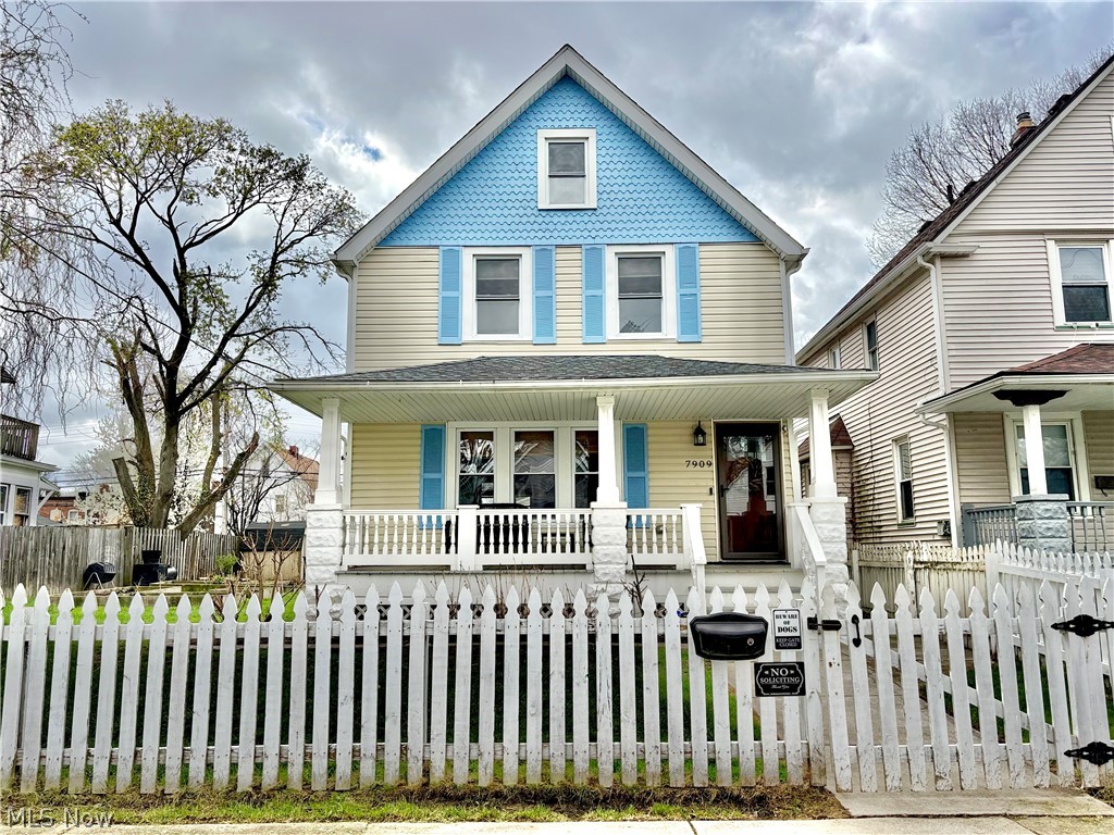 Updated Colonial w amazing outdoor spaces on DOUBLE LOT w newer 2 car garage in Detroit-Shoreway area! This would also make a great RENTAL with no work needed! As you pull up, notice the white picket fence, front porch & fantastic curb appeal of this renovated home! Walk thru the front gate onto the porch perfect for morning coffee. You enter into the living room w crown molding, recessed lighting, tile accent wall, original stain glass window & large front window allowing tons of natural light in. There is a large entryway to the dining room w chandelier & then on to the updated kitchen w stainless steel/black appliances (including GAS range), tile backsplash, granite countertops, custom-built island/bistro table & plenty of cabinets. Take the back kitchen door out to the backyard oasis. Large deck leads to fully fenced in grassy backyard w fire pit area, patio with pergola, shed, several raised garden beds for fruits & veggies and RARE 2 car garage w keypad and remotes (car access thru alley). The entire yard is truly a place to grill, chill & entertain--WOW! Back inside, head upstairs to the spacious master w 2 closets and hardwood floors, a 2nd bedroom with carpet (hardwood under) & full bath w tile surround tub/shower combo & newer storage vanity. Up 1 more floor there is a bonus room perfect for gaming, crafting, office--YOU DECIDE! The basement w glass block windows has a nice size unfinished rec space, storage area and separate half bath/laundry combo room. 2017-2019 updates as per previous owner include garage, roof, windows, HVAC, water tank, water line from street, insulation, glass block windows, waterproofing, electrical & plumbing. Google Home w Nest thermostat, doorbell camera, 2 backyard security cameras w audio & wifi booster w fiber internet access thru ATT. Kitchen bistro/island & outdoor furniture stay. Fabulous location w quick access to highway/bus/rapid, Edgewater Park, Gordon Square, Ohio City, Tremont & downtown Cleveland!