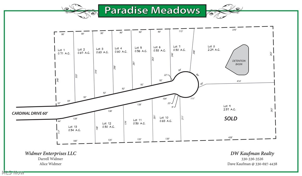 Paradise Meadows - 13 scenic lots on cul de sac city street - paved streets with curb and sidewalks - underground utilities. 11 lots with approximately .50 acres + or-. The home restrictions are from 1800 sq ft for a ranch to 2200 sq ft on a two-story. Beautiful scenic subdivision with great potential!