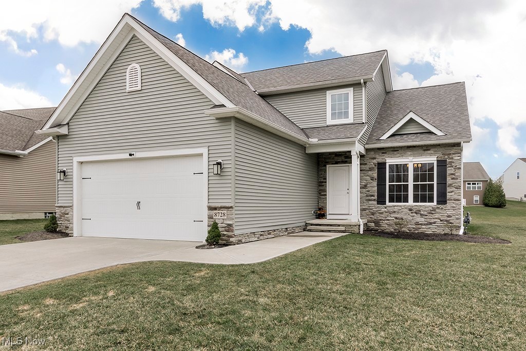 Located in desirable Marshview Landing, this newer 4 bedroom home has added appeal of waterfront views! As you enter the covered front door, you experience an open, airy + neutral floorplan with lots of windows and natural light, just waiting for your personal stamp. Wood flooring unites Foyer, Kitchen, Dinette. On your right is a terrific flexible Bonus Room, with myriad uses: Dining Room, Den, Office, Music Room or Library. Open Kitchen features white soffit-less cabinets, granite countertops, huge Island, Pantry. High-end appliances include gas range, built-in microwave, dishwasher, and Samsung “smart” refrigerator. Oversized Dinette can accommodate any sized table + leads to the backyard thru sliding glass doors.  Kitchen adjoins two-story Great Room w/Fireplace, ceiling fan. Large windows across the back of this home take full advantage of the waterviews  overlooking Marshview Lake. First floor additionally offers a Half Bath, Laundry Room. Primary Master Suite is also located on the main floor + includes a large full ensuite Bath w/dual vanity, separate shower + soaking tub, leading to a generous walk-in closet. Upstairs are 3 good-sized bedrooms with double closets, neutral walls and carpeting. Unfinished full basement w/poured foundation is insulated, clean, and plumbed-ready for future Bath or Wet Bar. As a fantastic extra feature, this home has a Tankless Hot Water Heater system! Continuous hot water! Basement offers options for finishing into a room/rooms of your choice, or remain an excellent storage space. One note of additional significance – this is the only home in Marshview Landing built by PRO-BUILT CONSTRUCTION, a quality builder with a great reputation - a definite plus. Marshview Landing offers low-maintenance living w/lawncare, snow removal and trash included. Near Mentor Lagoons, Mentor Harbor Yacht Club, easy freeway access, and Mentor Headlands Beach - 35 acres of lakefront for all kinds of waterfront enjoyment. Great lifestyle opportunity!