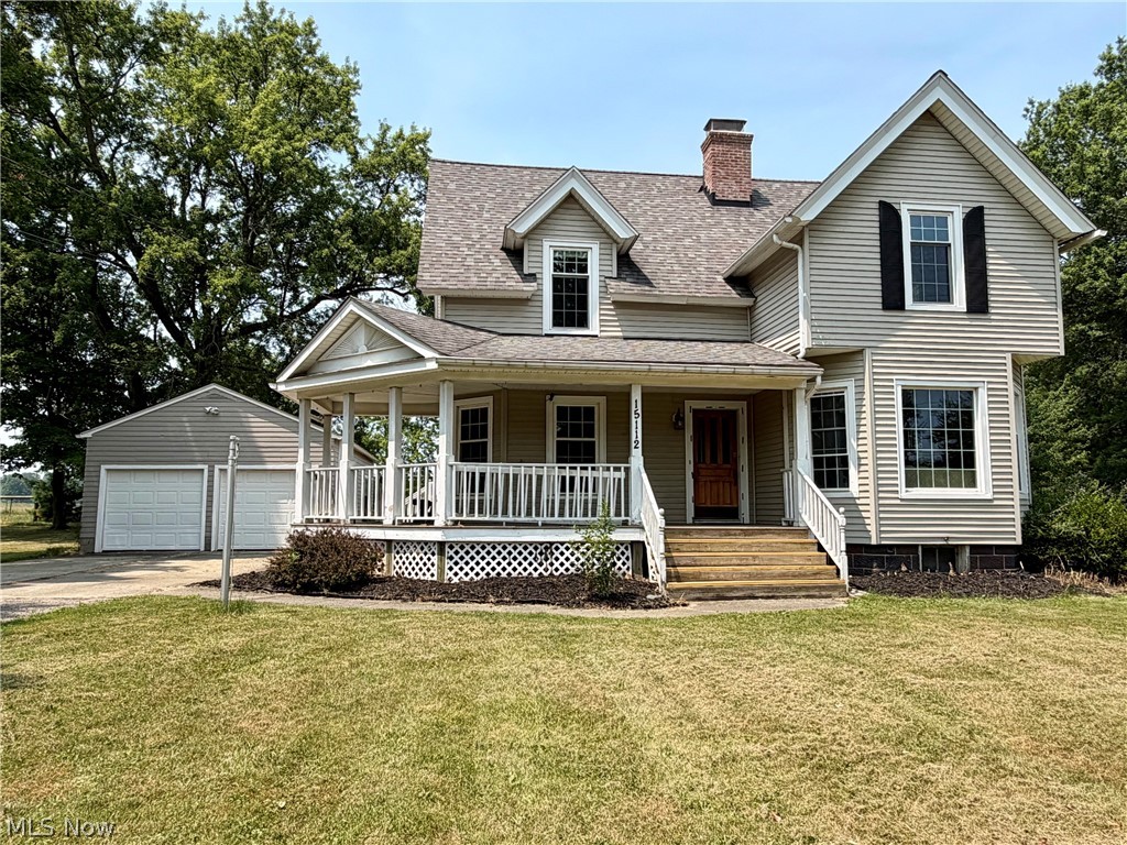 Spacious Century Home on Deep Lot in Heart of Middlefield Village! Charm and character throughout this home with great living space, hardwood floors, original oversized woodwork, crown molding & solid wood interior doors throughout. Inviting wraparound covered front porch welcomes you into the Foyer entry. Beautiful hardwood floors in the Formal Dining Room & a generous Living Room/Family Room combination with decorative fireplace. Kitchen with abundance of cabinetry, all appliances & breakfast nook. Upstairs includes 3 large bedrooms including Primary Bedroom with wood laminate flooring plus walk-in attic (ideal space to add 2nd bath). Unfinished basement with laundry area & plenty of storage. Newer Roof replaced in 2018, vinyl windows & updated electrical panel. 2+car detached garage. Just minutes to shopping, restaurants, community park & Cardinal Schools. Immediate Occupancy!