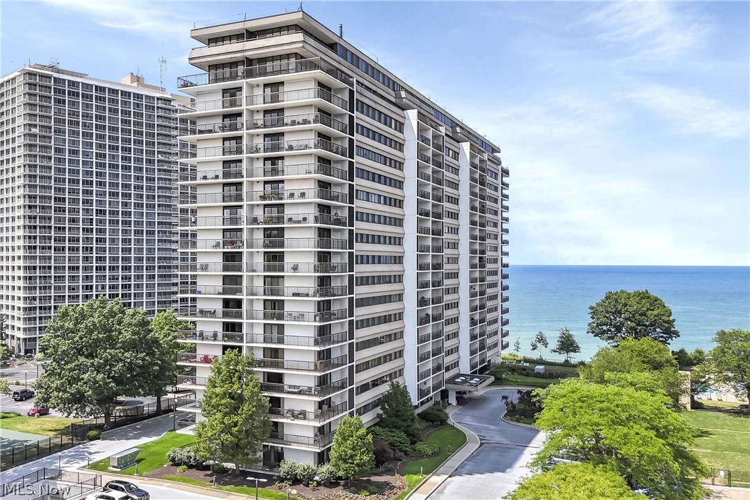 Highly desirable and rarely available, East facing 2 bedroom, 2 bath suite with panoramic views of Lake Erie and Downtown Cleveland.  Lovely balcony.  The remodeled kitchen features a large, breakfast bar/island and higher end contemporary cabinetry and appliances.  The walk in pantry has custom cabinetry.  Bathrooms have been remodeled.  The primary bedroom has a beautiful custom built walk in closet.  Luxury wood laminate flooring throughout.  Comes with one parking space (#187) and a storage locker.  The Meridian has a host of amenities including an indoor and an outdoor pool.  Fitness center remodeled with new equipment (2025) plus newer hallways and elevators.  Lots of green space for grilling and relaxing.  Congenial, 24/7 reception desk, pet friendly (1 dog with 30# limit) and laundry rooms on every floor (plus commercial equipment LL for large loads).  Near everything Lakewood, downtown, University Circle and the Airport.  Because this is part of an estate, the property is being sold as-is with no repairs