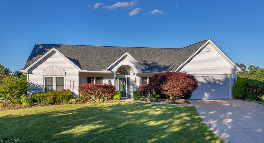 This 3-bedroom 2-full bath ranch home on a beautifully landscaped .36 acre lot overlooking community pond is ready for a new owner.  This home offers one floor living & is in need of your decorating & flooring choices.  The main living area is an open concept featuring eat-in kitchen with granite counters, pantry & upgraded laminate flooring.  The vaulted living room has a gas fireplace.  There is formal dining room & bonus room which could be used as an office or sitting room. On one side of the home there are two sizeable bedrooms & a full bath.  On the opposite side of the home is the primary suite complete with vaulted ceilings, a walk-in closet, private bath with tile floor, dual sinks & shower.  The laundry room with utility sink also serves as a mudroom connected to the two-car garage.  Additional features and updates include: Complete tear off roof 2022, 50-gallon hot water tank 2023, furnace & AC 2016, upgraded quality vinyl windows, insulated garage door with newer opener, pull down attic storage in garage, irrigation system & 12 x 14 deck.  All Appliances Included!