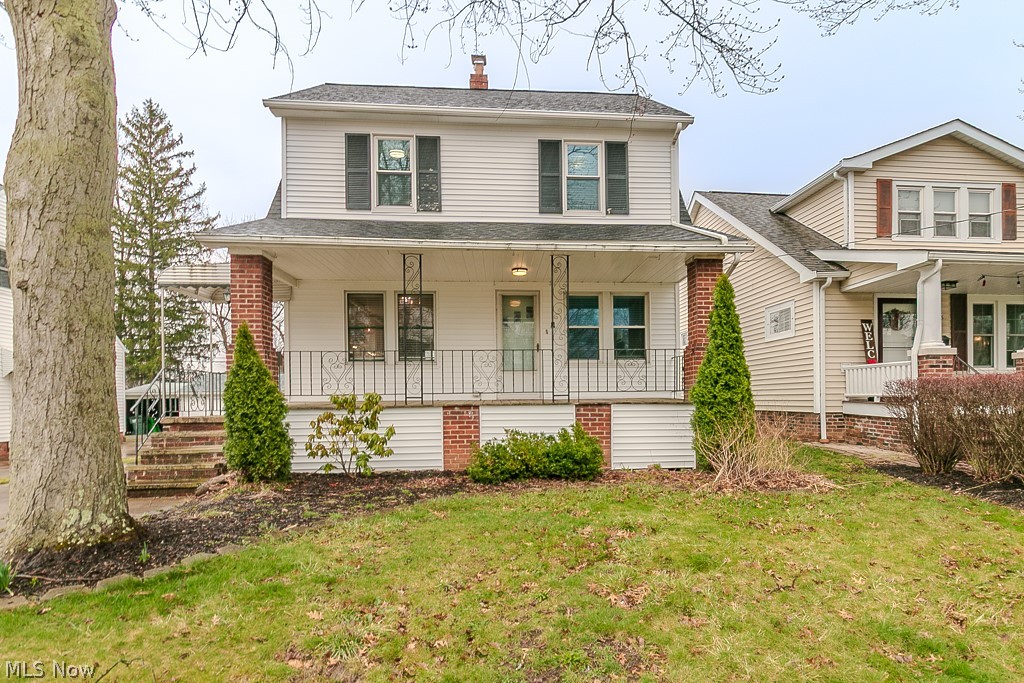 Very nice 2-3 Bedroom, 1 Bath Colonial with a large covered front porch and great open living space.  Many updates including the recently remodeled Kitchen with granite, tile backsplash, under cab lighting, breakfast bar & stainless appliances which is open the the large Family Room overlooking the back yard. The dining are has 2 built-in corner cabinets. The Living Room provides access to the front entrance & porch. Wood-look laminate flooring throughout the whole 1st floor. The 2nd floor features the huge Primary Bedroom with a walk in closet (dividing wall was removed between 2 bedrooms and could easily be added back to make it 3 bedrooms again), a second Bedroom and a remodeled full Bathroom. Laundry is in the Basement along with a bathroom area with a working toilet.  There is a shower, although it has not been used by the current owner. There is a nice back yard with a fire pit along with a detached 2-car Garage. Other recent improvements include a new roof, siding and overhead garage door and opener.