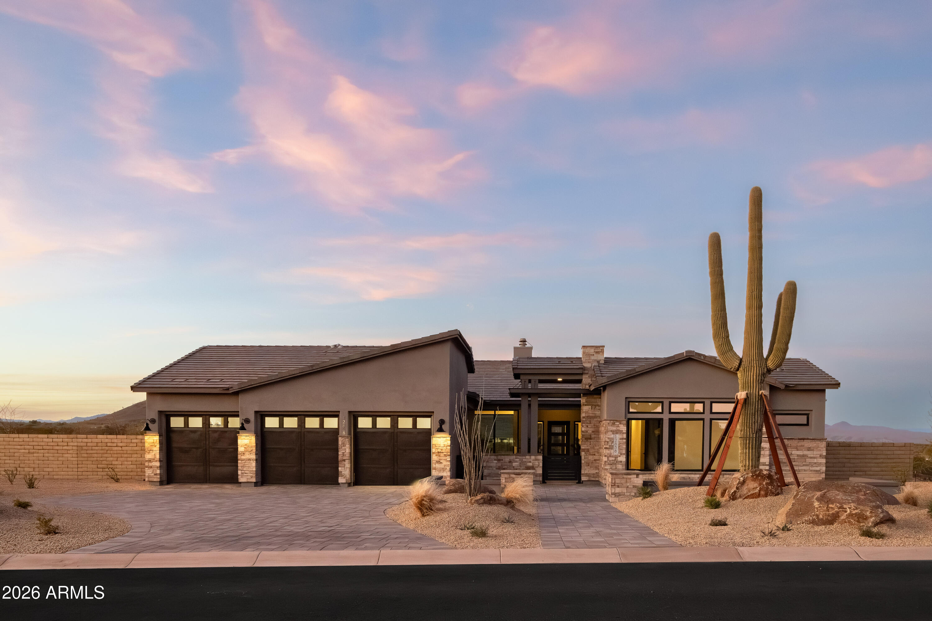 BRAND NEW 3956 SF home with pool on 71,599 SF homesite in gated North Scottsdale community; 3 ensuites with walkin closets, powder bath, study, interior courtyard and extended backyard patio; 4 car garage open plan with beamed entry, family and dining; 90 degree sliding doors to courtyard and backyard; 12' slider at dining, gourmet kitchen w/48'' Wolf rangetop with griddle, 30'' double oven, 24'' microwave drawer; 30'' built-in Subzero refrigerator w/24'' Subzero wine column and 24'' Freezer column; Zephyr wine/bev cooler; 48'' hood; waterfall island with views of fireplace in family room; solid core interior doors w/iron entry door; upgraded tile, flooring and details throughout; 2x6 CONSTRUCTION & NEW HOME WARRANTY.