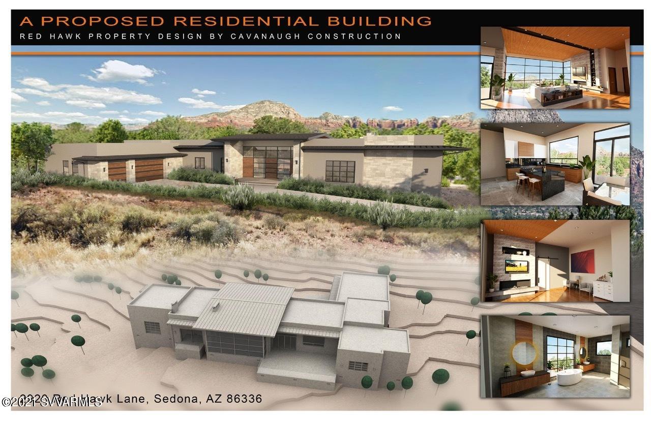 To be Built! Elegant, warm contemporary residence. Situated in W. Sedona on a 2.0-acre parcel & borders National Forest Service, this exceptional home (to be built) offers flawless balance of sleek sophistication & mindful function. 4444 Sq. ft., 3 spacious BR's & 3 luxurious baths. Luxury finishes throughout-from the spa-worthy Primary Suite to the kitchen for the epicurean, every element has been curated to provide an exceptional living experience. The home has vast stretches of glass that blend the boundaries between the dwelling and the desert. Finishes include: Oversized 3 car garage, 9-12 ft. high ceilings, Wolf & Sub-Zero Appliances, quartz, marble & granite countertops, hardwood & tile flooring, and European Cabinetry. To be built respected Sedona builder- Cavanaugh Custom Homes. The photos of the home are conceptual renderings.
This home is: "To be built".

Finishes include:

1181 sf. ft. deck/outdoor living area
1117 sq. ft -3 Car Garage
9-12 ft. high ceilings,
Wolf & Sub-Zero Appliances,
Quartz, marble & granite countertops,
Hardwood & tile flooring
European Cabinetry
