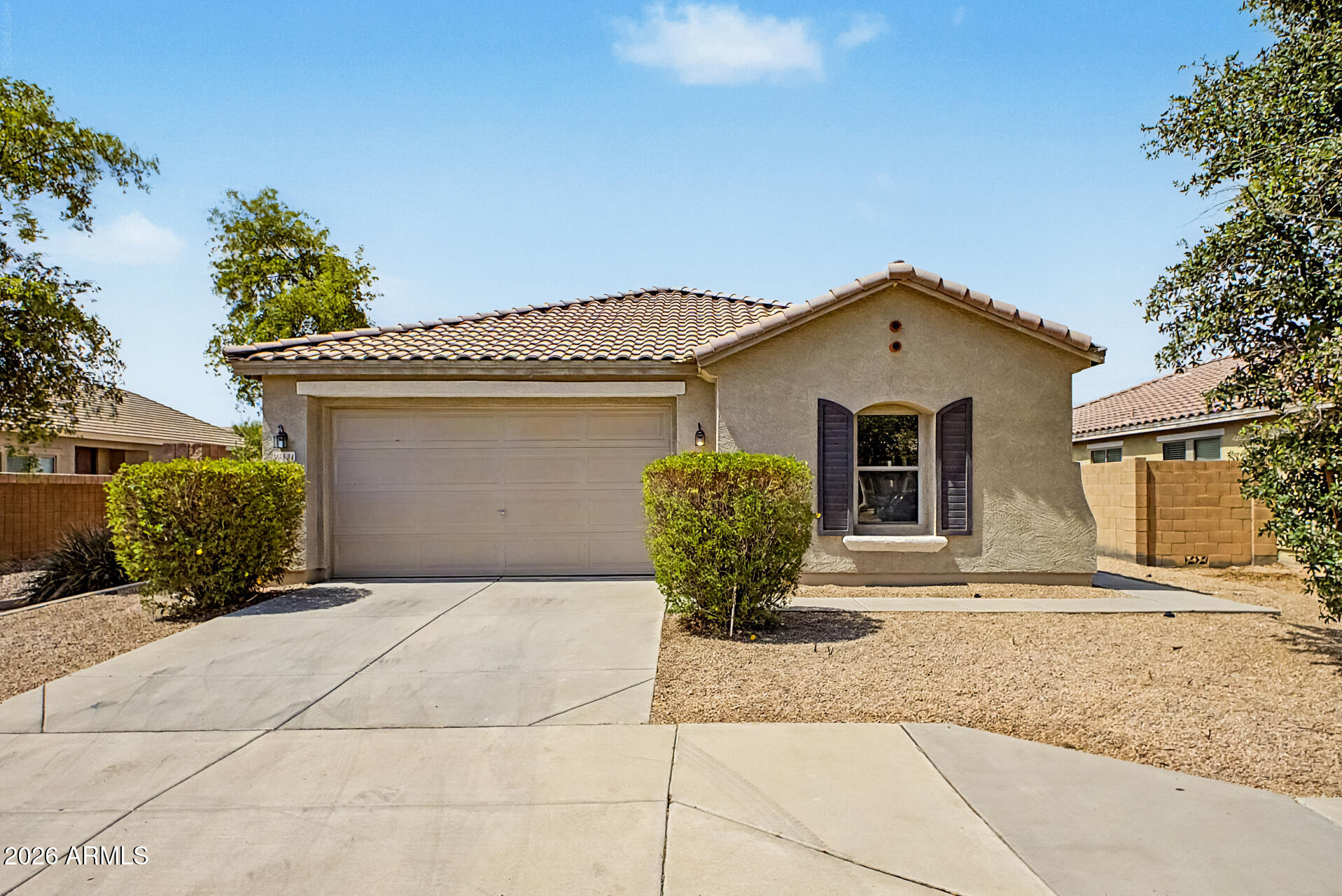 Welcome to the peaceful Santarra Community, where this charming single-level home awaits you! Offering 3 beds + den, 2 baths, 2-car garage, and a low-care landscape. The inviting interior features abundant natural light throughout. You'll love the semi-open layout, which perfectly balances privacy & connectivity! The eat-in kitchen boasts built-in appliances, ample wood cabinets, a pantry, recessed lighting, granite counters, and an island w/breakfast bar. The versatile den is ideal for an office! The large primary bedroom has a double-door entry, a walk-in closet, and an ensuite with dual sinks & a separate tub/shower. The backyard, with a covered patio & extended pavers, is an excellent spot to relax or enjoy BBQ. No direct neighbors behind as it backs to a common area. Home, sweet home!