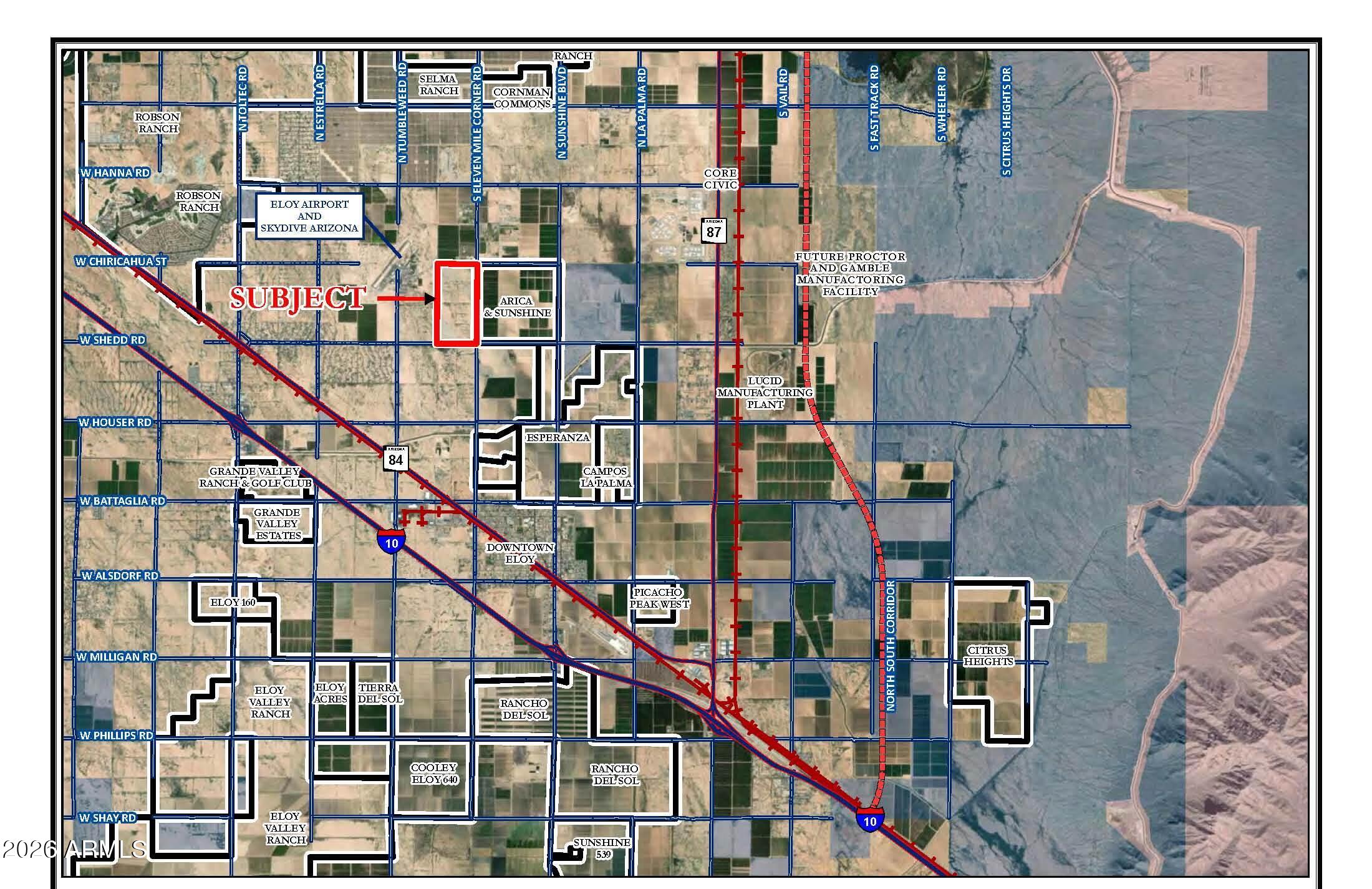 Prime Investment Property for a 1031 Exchange or for a future residential or commercial development.  The property is located within Eloy, which is an ADWR 100-year designated water provider.  The City of Eloy Airport and Skydive Arizona are located nearby, so there could be some possible development uses to support the airport and skydive facilities.  The general plan for the site is for Medium Density Residential (3-6 DU/AC), High Density Residential (10-24 DU/AC), and Neighborhood Commercial. Zoned PAD-Previously approved for 1,042 single family residential lots, 16 Acres
of multi-family, and 6.6 Acres of commercial. Preliminary plat was
previously approved.