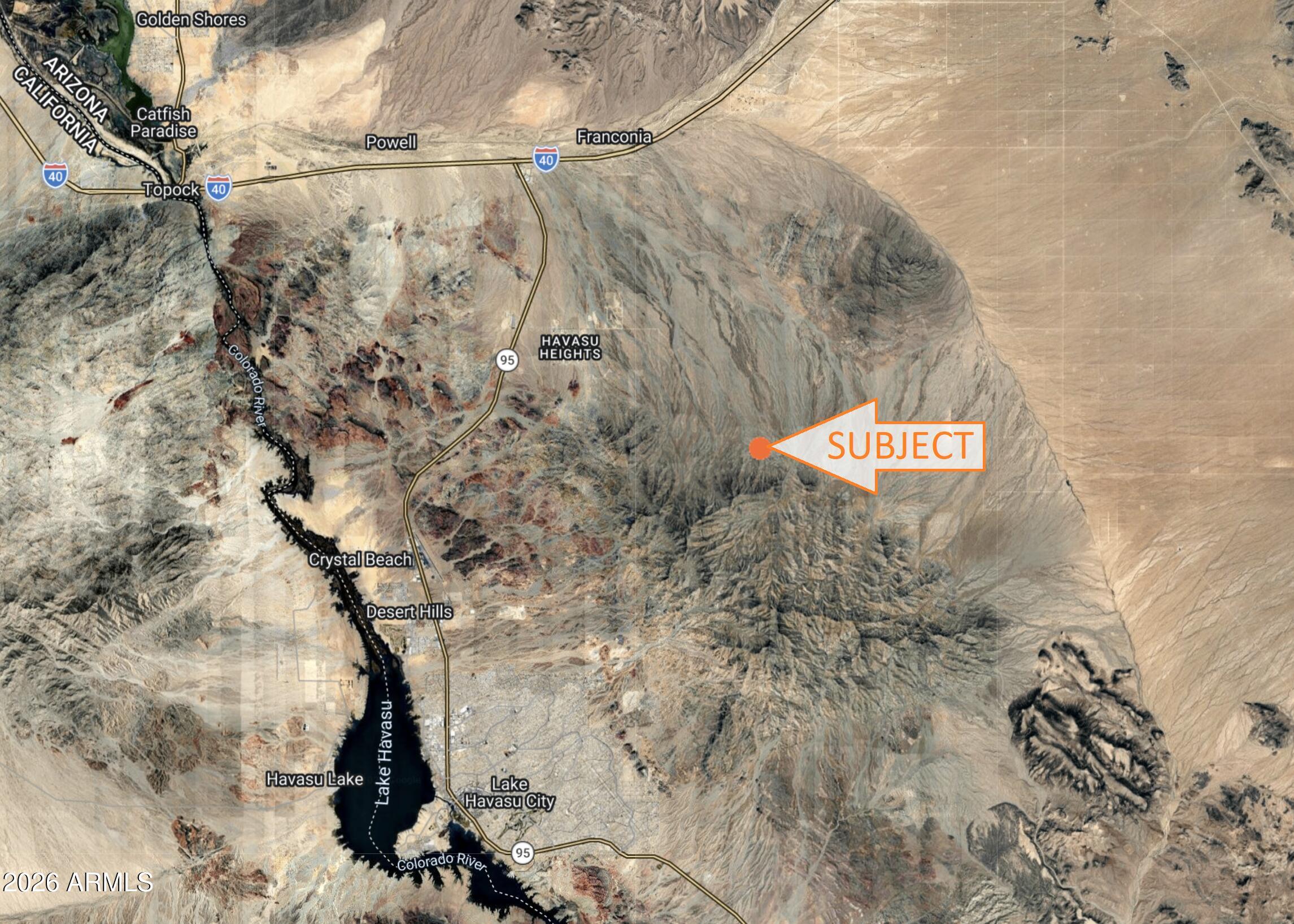 LARGE 120 ACRE PARCEL LOCATED JUST OUTSIDE LAKE HAVASU CITY ON THE NORTH SIDE OF THE MOHAVE MOUNTAINS.  SURROUNDED BY BLM LAND THAT PROVIDES PLENTY OF PRIVACY AND WIDE OPEN SPACE.  USE FOR YOUR OFF-GRID SETUP OR RECREATIONAL RETREAT. ZONED AR/36A MOHAVE COUNTY APN 120-26-001*BUYER TO VERIFY SCHOOLS, ZONING/USE, UTILITIES, ACCESS & ALL PERTINENT INFO*SELLER MAY CARRY*DIRECTIONS: SOUTH OF I-40 & EAST OF HWY 95 - DO NOT USE ADDRESS TO LOCATE, MUST USE AERIAL GIS MAPS & GPS COORD 34.614659, -114.197563 CAUTION WHEN TRAVELING TO REMOTE LOCATIONS - 4WD & HIGH CLEARANCE VEHICLE RECOMMENDED.