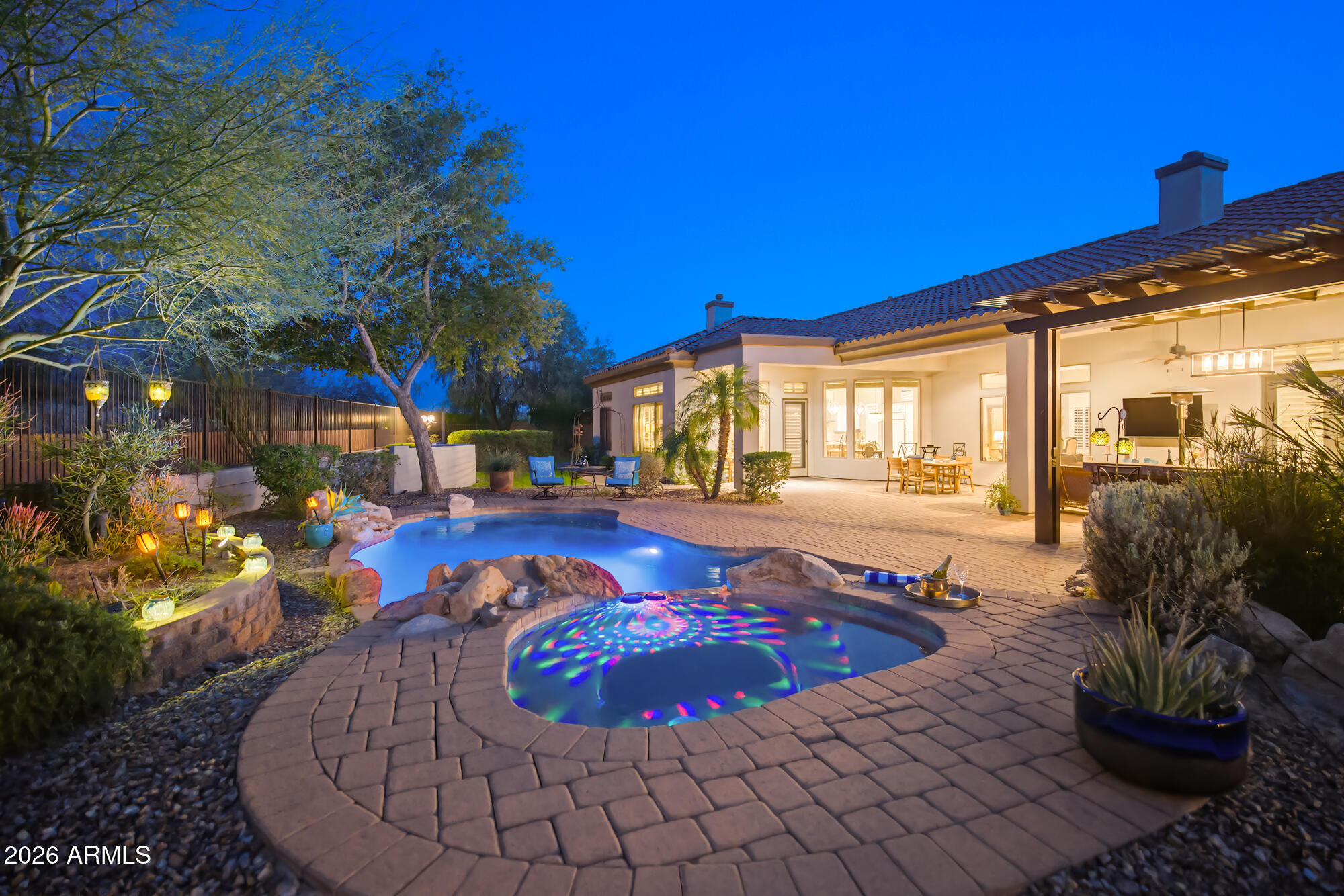 Many updated features in this light and neutral 12' ceiling executive home located in rare and sought after culdesac w/entry courtyard and over 16K sq ft lot w/east back exposure. 2025 roof, HVAC compressors and exterior paint. Heated pool and spa, two aluma-wood pergolas, one large over back paved patio w/fan and lights, one smaller over outdoor BBQ and fridge plus a custom KOI pond. Interior is light and bright w/soft interior paint, white cabinets, light granite, stainless appliances w/gas cook top, LVT plank tile, newer carpet and updated baths.