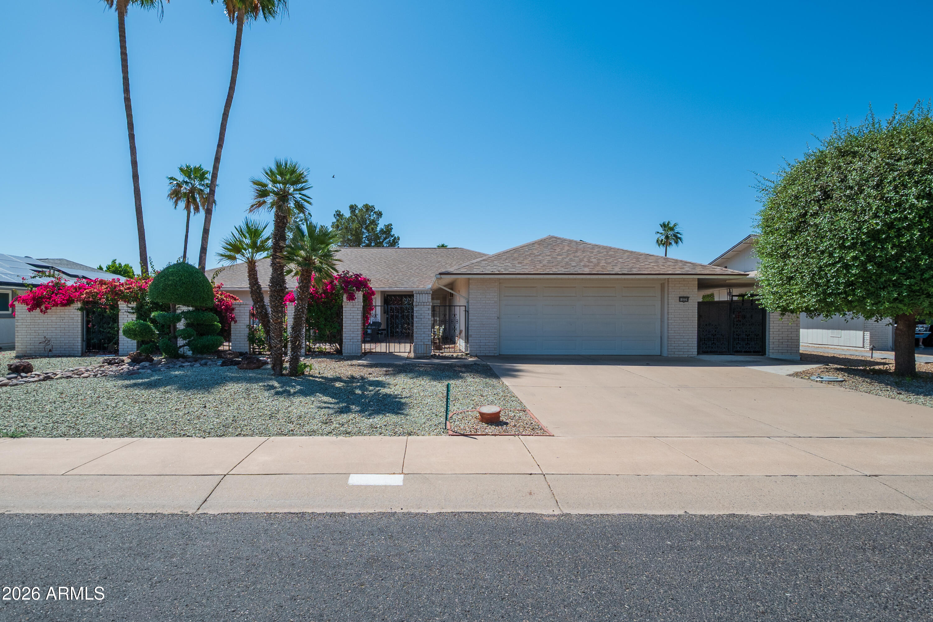 Neat and clean 2 bedroom, 2 bath Augusta model located on a 9,718 Sq, Ft. lot in beautiful Sun City West, AZ.  This spacious home has a Living room. a Family room, a Formal Dining room a kitchen with a large pantry, granite counter tops and newer cabinets. There is a large enclosed court yard in front and a covered patio in the rear with a fully fenced back yard.  There is a 2 car garage and a covered area out side for storage and golf cart parking. The home has Leased Solar Panels.