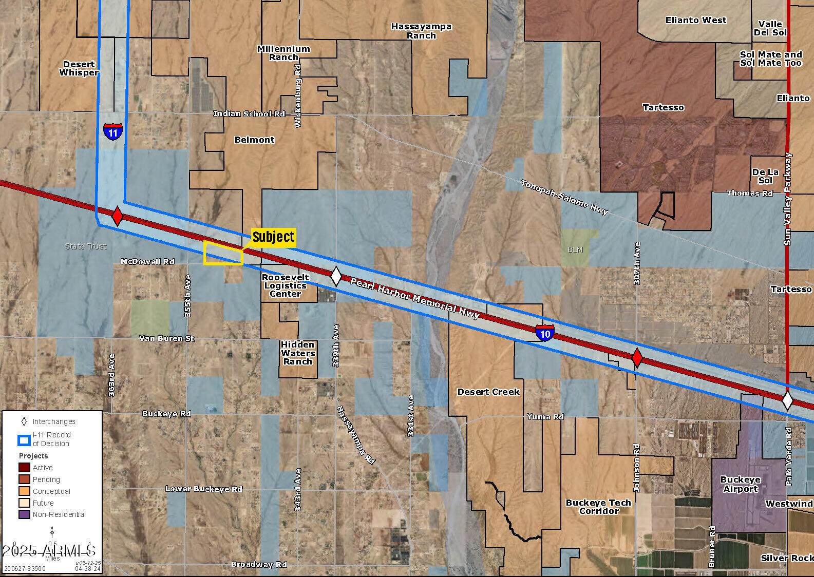 ±74 acres located just east of the southeast corner of 355th Avenue and Interstate 10. The site offers I-10 frontage, access across the freeway via the 355th Avenue overpass, and on-ramp access at 339th Avenue. Zoned RU-43 in unincorporated Maricopa County, the property has strong potential for employment or other uses.