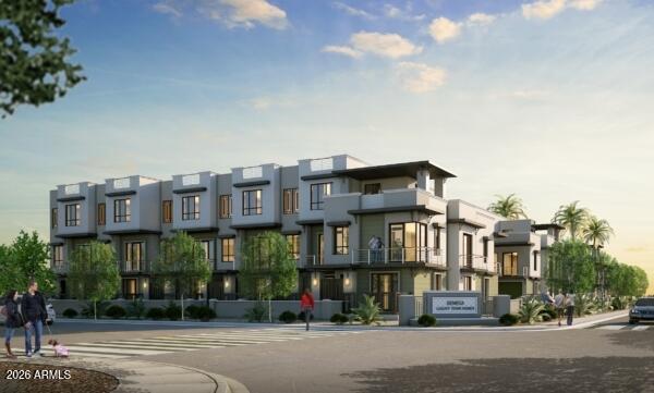Discover elevated urban living at Seneca Luxury Condominiums, a boutique, gated community in the heart of Downtown Scottsdale. This modern 2,440 sq ft home works perfectly as a primary residence, lock and leave retreat or an investment property. The ground floor offers a direct entry two car garage, bedroom or office space, a full bathroom and a private outdoor patio facing the courtyard and sparkling pool. The unique, architectural staircase takes you to the second floor with a spacious open concept great room, chef's kitchen featuring beautiful quartz island, bathroom, bar area and balcony. The third floor offers a primary suite, second bedroom with ensuite bathroom and a laundry room. The final staircase takes you to your private rooftop deck with 360-degree views as far as your eyes can see. Plumbed with electric, water and gas connections, this space is ideal for soaking in the sunshine, enjoying beautiful sunsets, entertaining, or simply relaxing with amazing views. You're just minutes from iconic Old Town Scottsdale, world-class dining, shopping, art galleries, nightlife, fantastic golf courses, hiking, and so much more. This unit is in its final stages of completion so please excuse any construction mess.