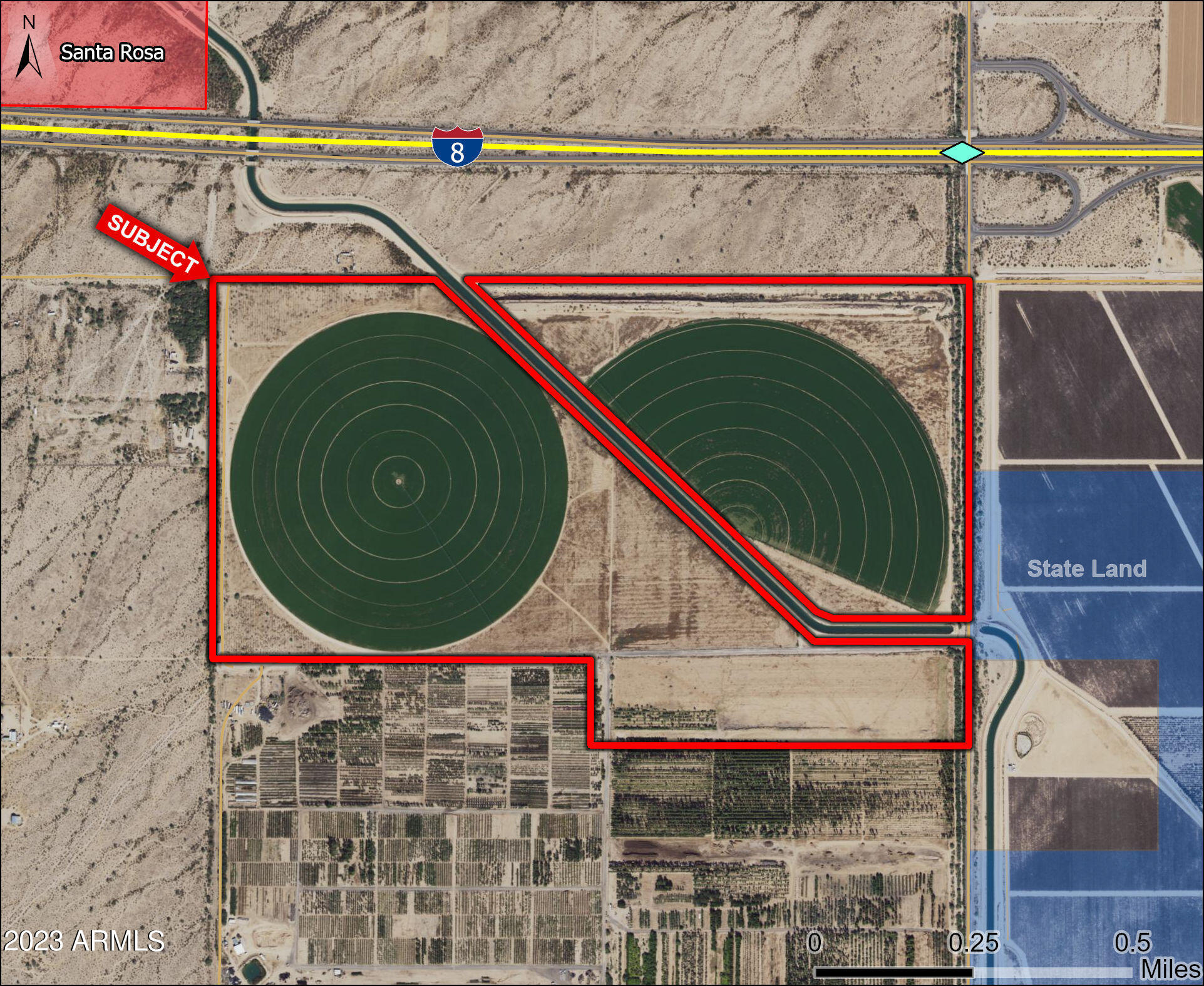 Size:331 Acres

Zoning:  GR (General Rural)

Comments:

Opportunity to purchase farm ground under $10,000/acre.

The farm lease is $21,000 annually.

Located just south of the Interstate 8 Interchange at Stanfield Road, with paved access.

This site is perfect for a farmer or investor.