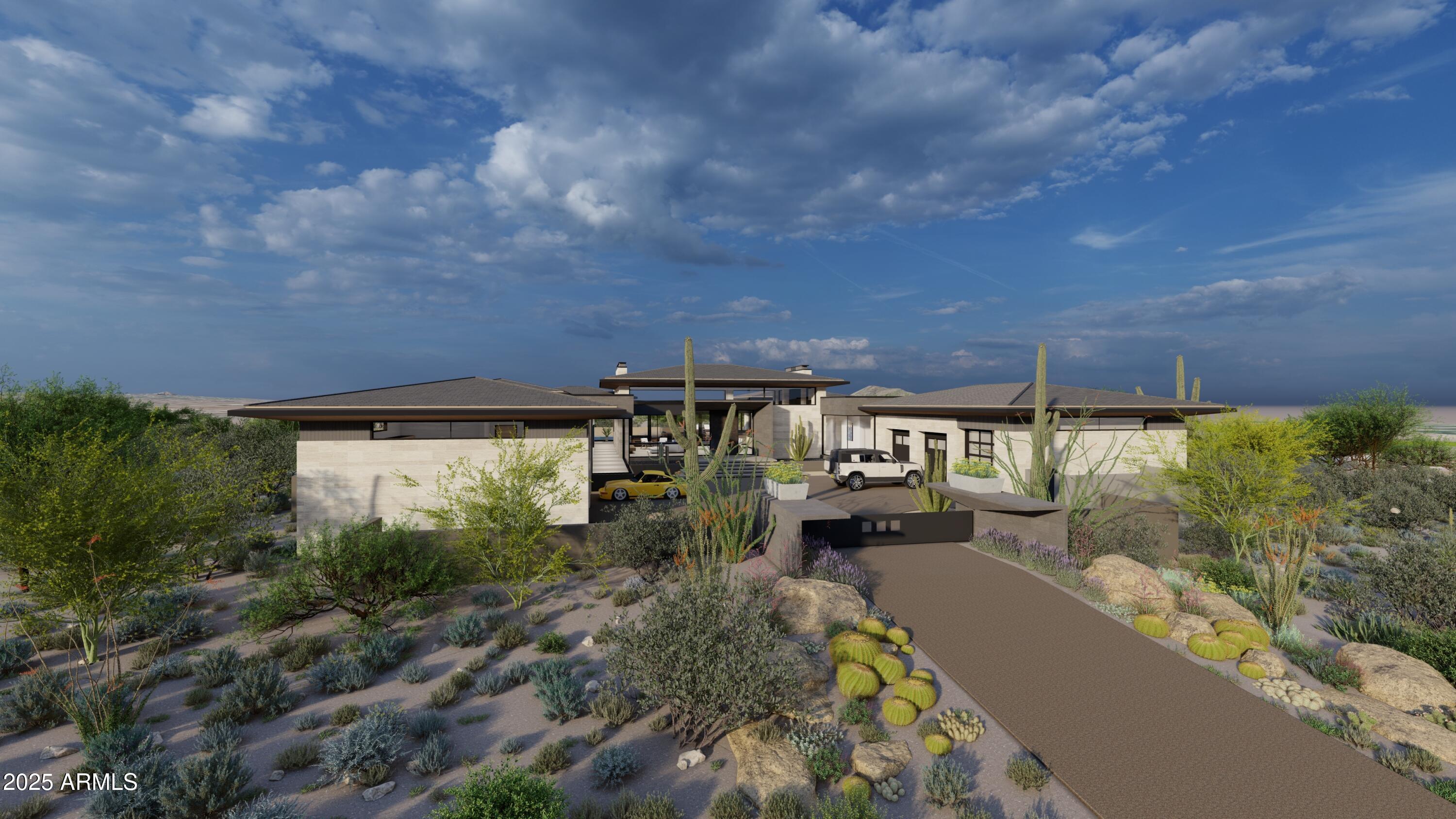 Nestled into a 2.1-acre lot, a 7,600 sq ft to-be-built home unfolds with the site. Designed by the award-winning Tate Studio Architects, this residence uses a mix of modern materials including polished concrete floors, wood-clad ceilings, basalt and travertine-tiled walls, and black metal accents. The 4-bedroom, 5-bathroom home features an open-concept living space, 4 car garage, and an expansive outdoor space. A luxurious pool and spa provide the perfect place for sunset-spectating while the covered cooking, dining, and lounge areas ensure seamless indoor-outdoor living.