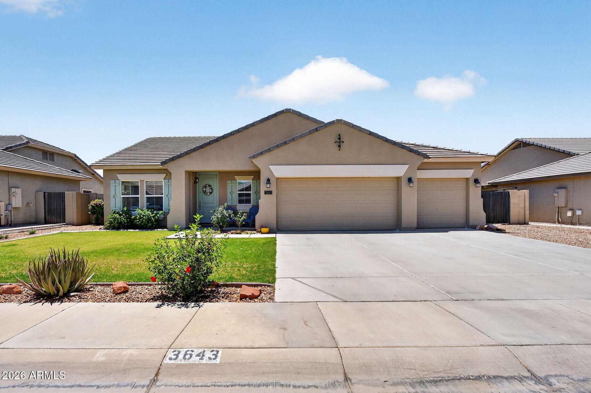 ALL SINGLE-STORY NEIGHBORS + 3-CAR GARAGE & RV GATE! 4BD/2BA, 2,027 SF on large .22 acre lot. Outside is where this home shines in value: w/ a utility door for direct backyard access, an RV gate opening to a large side yard ready for a trailer, boat, or weekend toys & an extended concrete slab that gives you flexible patio space. Vaulted ceilings open up the main living space. The kitchen is anchored by a generous walk-in pantry with an L-shaped layout that wraps from the kitchen around to the back, giving you serious storage that most homes in this price range cannot touch. Primary suite offers 2 walk-in closets! A spacious laundry room with built-in cabinets keeps everything organized & out of sight. Mature landscaping, established garden beds & lush green vegetation make the yard feel settled -- not new construction sterile. Quiet interior lot in the established Castlegate community off Ocotillo and Schnepf in the preferred 85140 zip -- minutes to Fry's Marketplace at Gantzel and Combs, Target, Sprouts, Banner Ironwood Medical Center, and the broader Gantzel-Ironwood retail corridor. Positioned just north of the approved San Tan Valley Urban Core, the future downtown San Tan Valley.