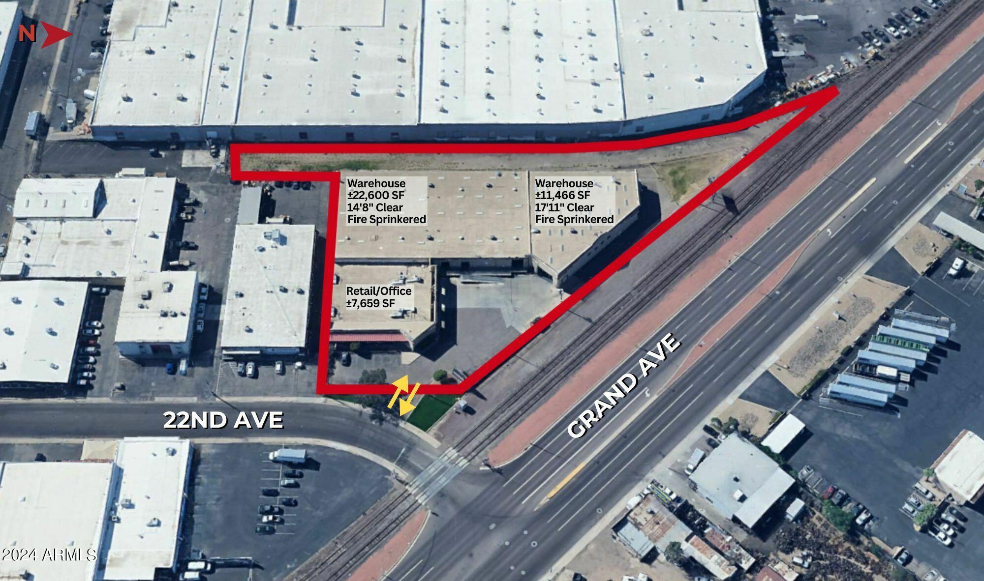 ±41,725 SF industrial building comprised of ±34,066 SF of warehouse and ±7,659 SF of office/retail space. Clear heights range from 14'8'' up to 17'11'' and are fire sprinklered. The ±2.43 AC lot is zoned heavy industrial (A-2) and conveniently located on the southwest corner of 22nd Ave & Grand Ave, less than half a mile from Interstate-10 and Interstate-17.